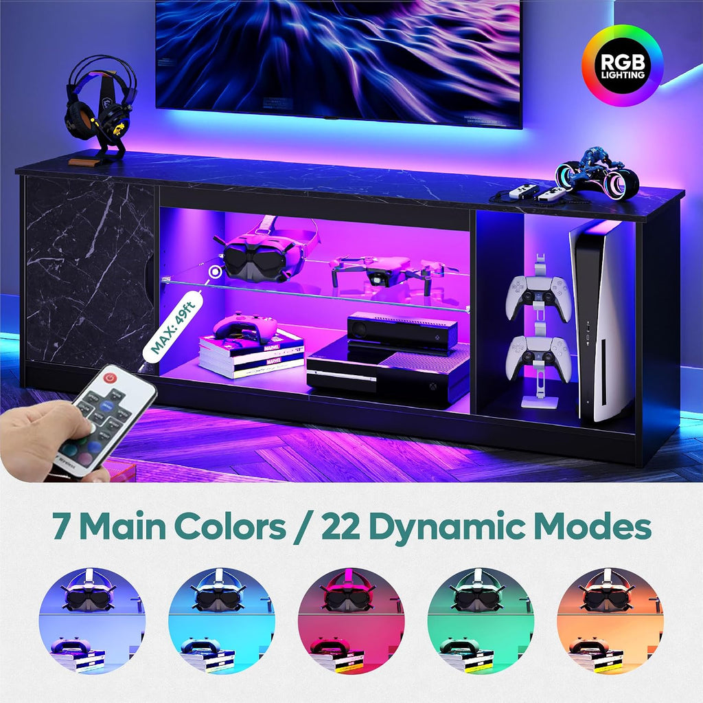 Bestier LED TV Stand for 55/60/65 Inch TV, Gaming Entertainment Center with Cabinet for PS5, Xbox,Modern TV Cabinet with Adjustable Glass Shelves for Living Room, Bedroom 57 Inch,Black Marble