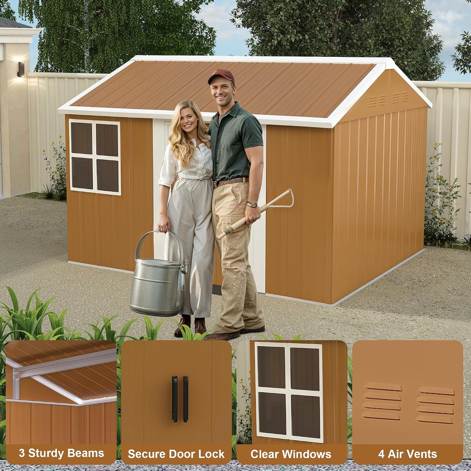 KEIKI 10FT x 8FT Heavy-Duty Metal Storage Shed, Outdoor Storage Shed with Window, Weatherproof Outdoor Garden Shed for Garden, Backyard, Patio, Lawn (Floor Not Included)