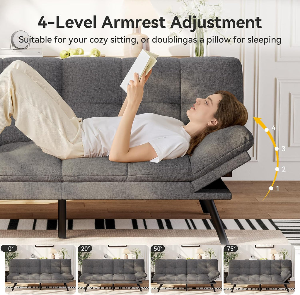 Vipbear 71' Convertible Futon Sofa Bed,Linen Fabric Futon Couch with Detachable Cushion,Adjustable Backrest & Armrest,Modern Loveseat Sleeper Recliner for Living Room,Office,Apartment,Grey