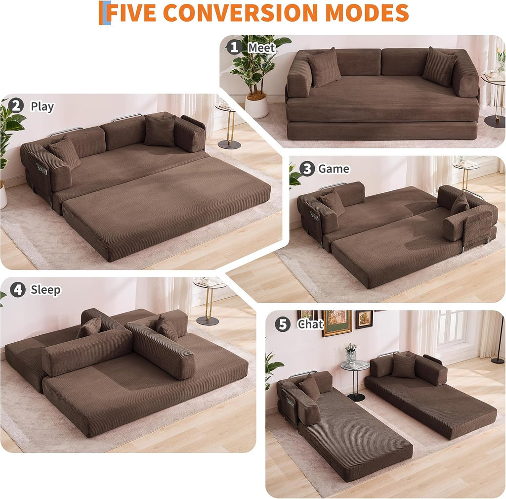 Garvee 5-in-1 Convertible Sofa Bed, 78.8' Modular Corduroy Sleeper with Sturdy Frame & No Assembly, Multi-Functional Futon for Small Space, Living Room & Guest Room (Brown)