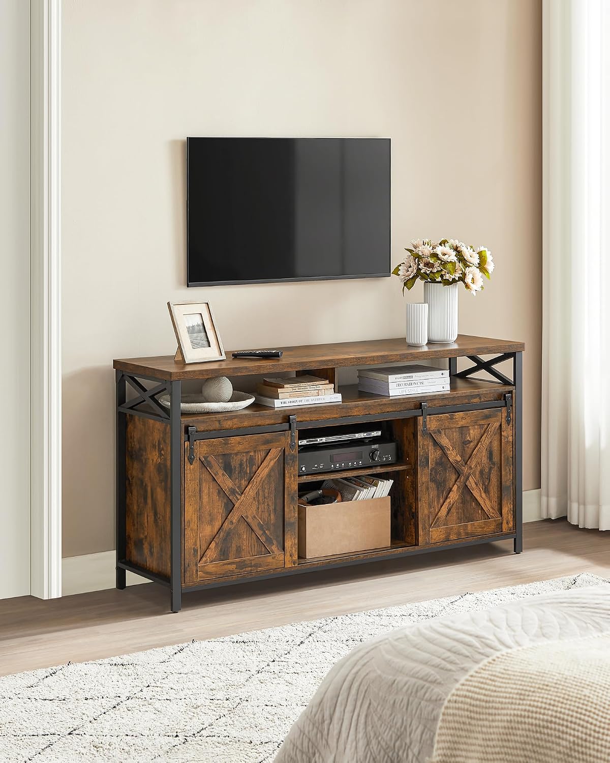 VASAGLE TV Stand for 65 Inch TV, Entertainment Center, TV Table and Console, TV Cabinet with Adjustable Shelves, Industrial Design, Rustic Brown and Black ULTV071B01