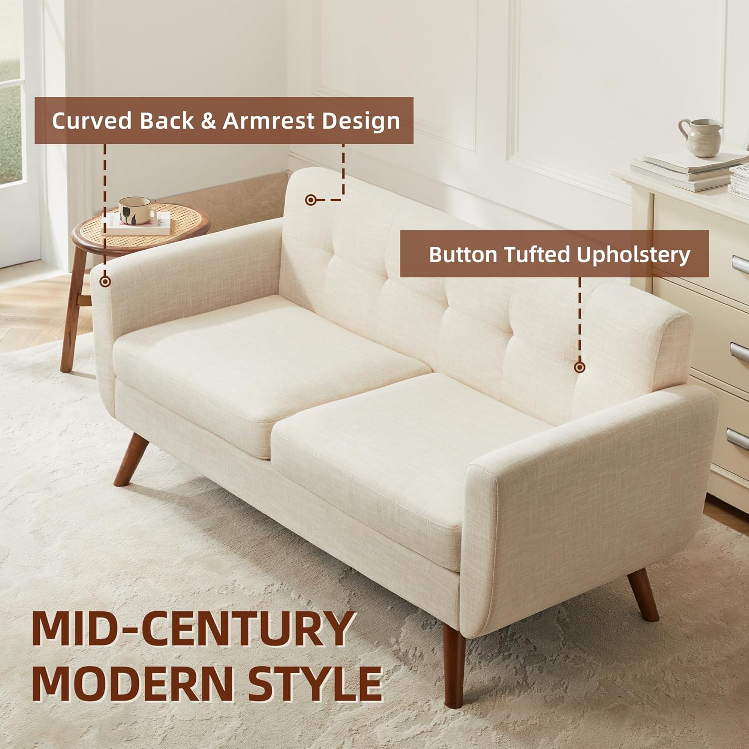 Tbfit 65' W Loveseat Sofa, Mid Century Modern Decor Love Seat Couches for Living Room, Button Tufted Upholstered Small Couch for Bedroom, Solid and Easy to Install Love Seats Furniture, Beige