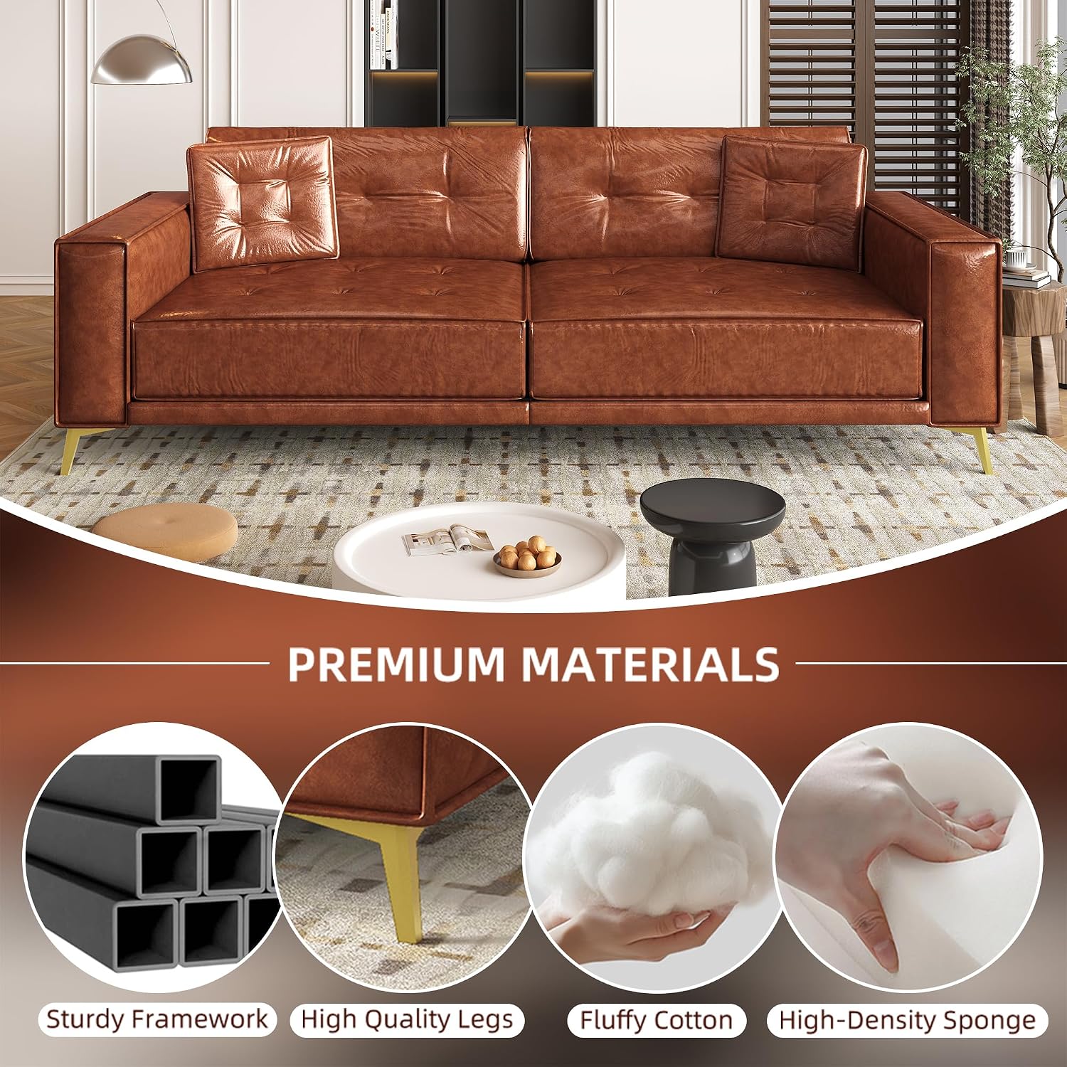 92.1'' King Pull Out Sofa Bed, Convertible Futon Couch, 3-in-1 Faux Leather Sleeper Sofa with Tufted Back, 2 Pillows, Gold Legs, Deep Folding Loveseat for Living Room, Apartment, Light Brown