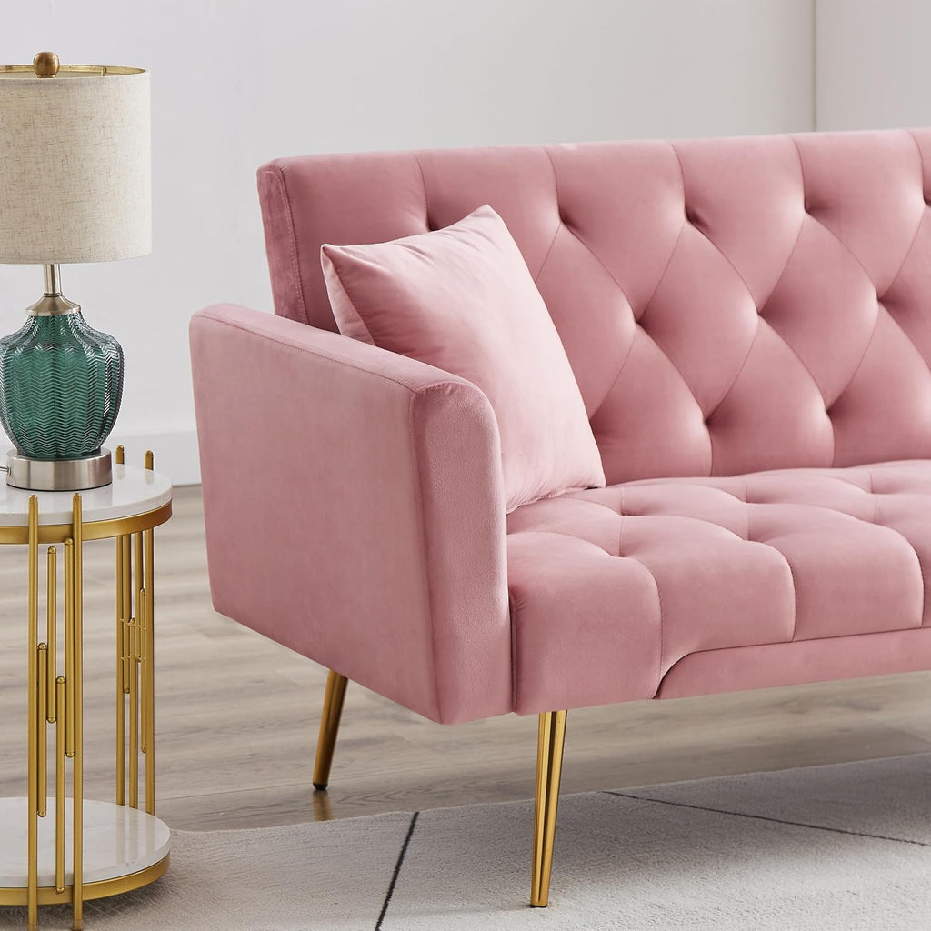 71.65'' Convertible Sofa Bed Modern Futon Set, Velvet Foldable Reclining Loveseat, Three Adjustment Angles,Mid Century Modern Couches for Living Room/Bedroom/Apartment, Easy Assembly,Pink