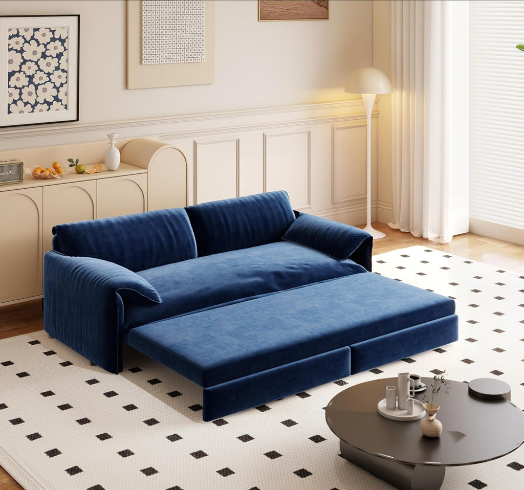 3 in 1 Convertible Queen Sleeper Sofa Bed Comfy Pull Out Futon Couch Bed 66' Modern Velvet Recliner Loveseat Sofa Multi-Functional Blue Cloud Couch for Living Room,Apartment,Office (Blue 66')