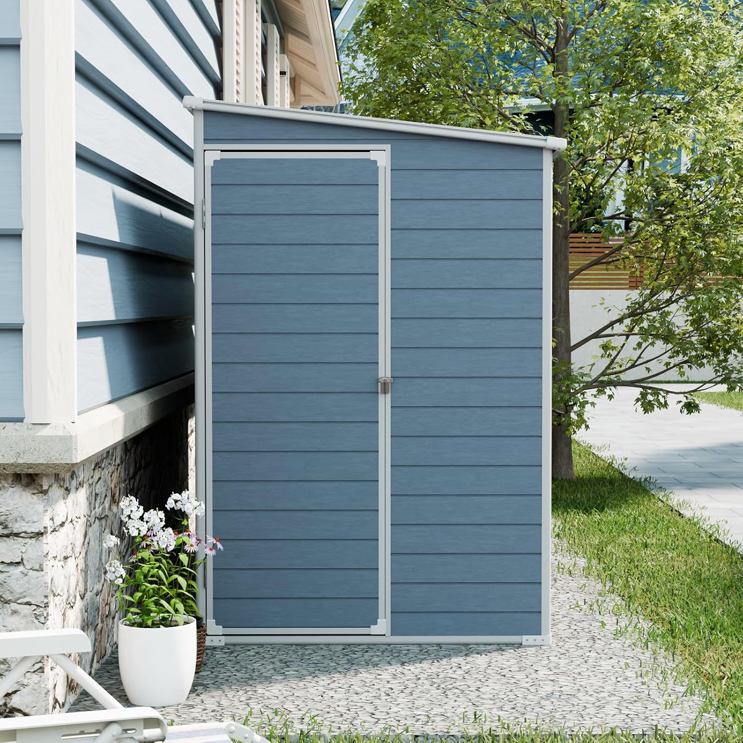 YOPTO 4x8 FT Outdoor Storage Shed Plastic Shed W/Floor,Resin Lean to Shed W/ 2 Windows & Lockable Door,Garden Tool House W/Air Vent & Sloped Roof,All Weather Waterproof for Backyard,Patio,Lawn,Grey