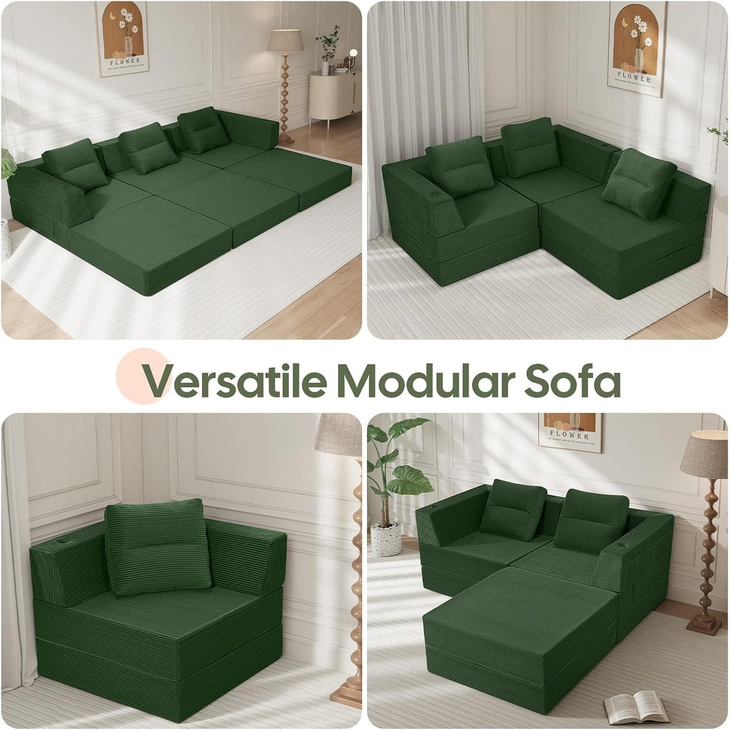 COMAX Futon Sofa Bed 3 Seater, 106' Convertible Sofa Bed Couches for Living Room, 4 in 1 Folding Boneless Sleeper Corduroy Couch Foam in a Box, Comfy Foldable Lounge Fold Out Floor Mattress, Green