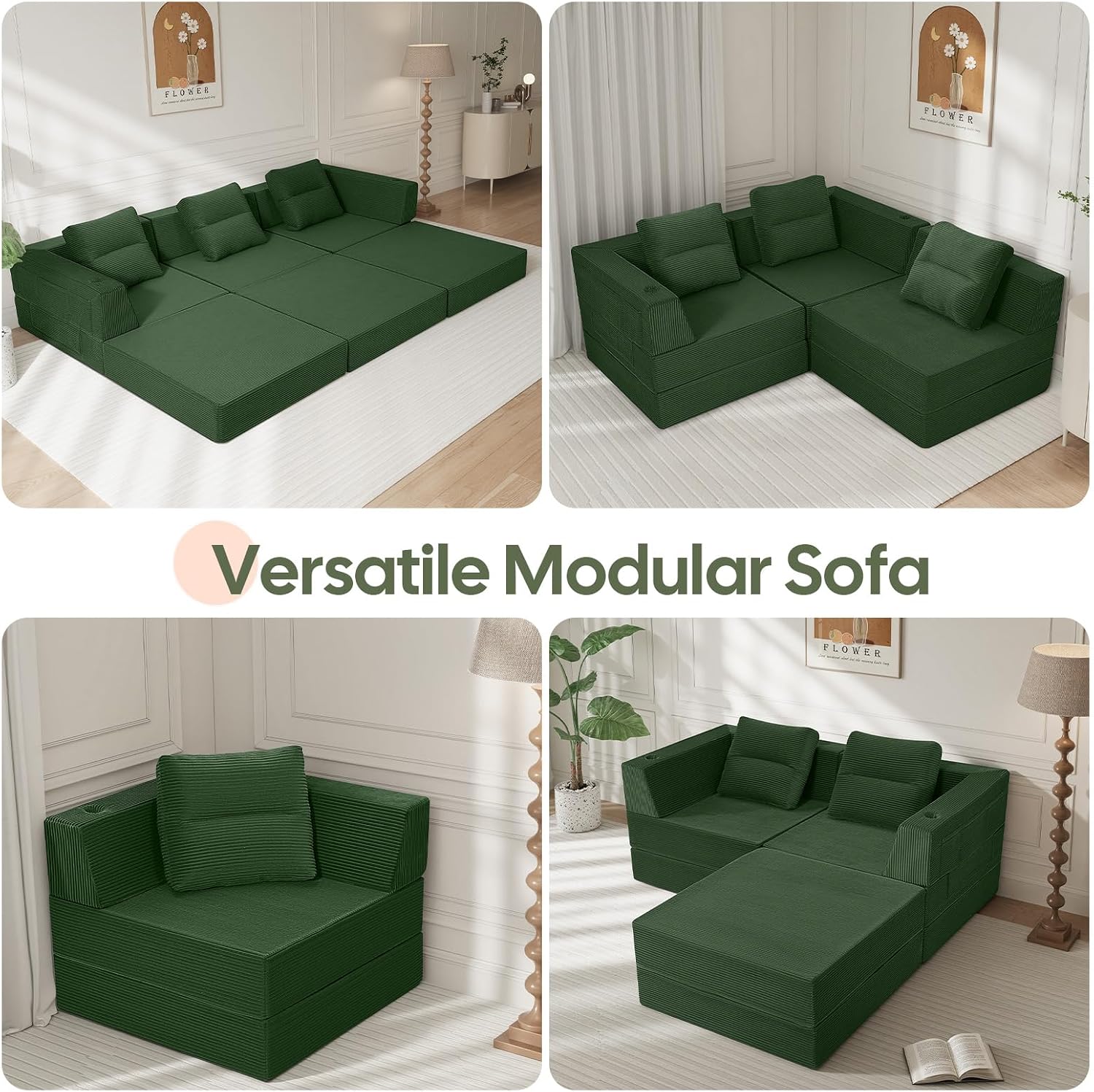 COMAX Futon Sofa Bed 3 Seater, 106' Convertible Sofa Bed Couches for Living Room, 4 in 1 Folding Boneless Sleeper Corduroy Couch Foam in a Box, Comfy Foldable Lounge Fold Out Floor Mattress, Green
