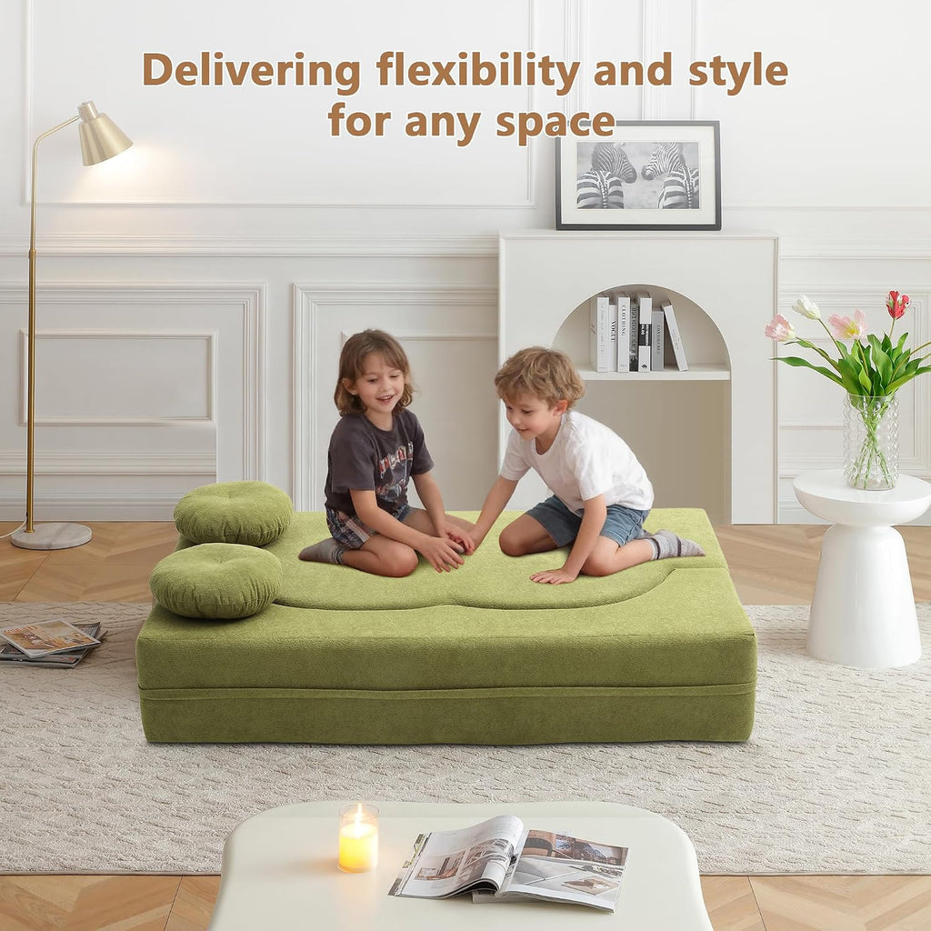 2-in-1 Folding Sofa Bed with Pillow, No Assembly Futon Twin Size Sofa Bed, Breathable Linen-Cotton Convertible Couch Bed for Living Room and Guest Room, 75.5 Inch,Green