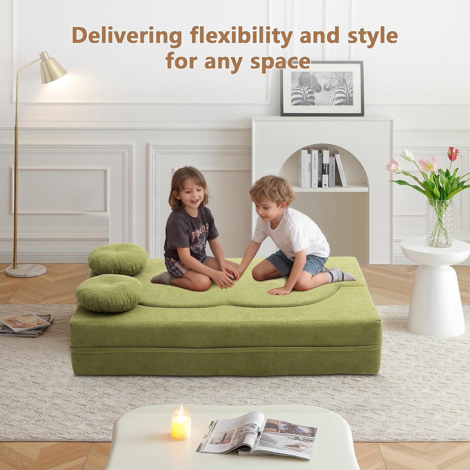 2-in-1 Folding Sofa Bed with Pillow, No Assembly Futon Twin Size Sofa Bed, Breathable Linen-Cotton Convertible Couch Bed for Living Room and Guest Room, 75.5 Inch,Green