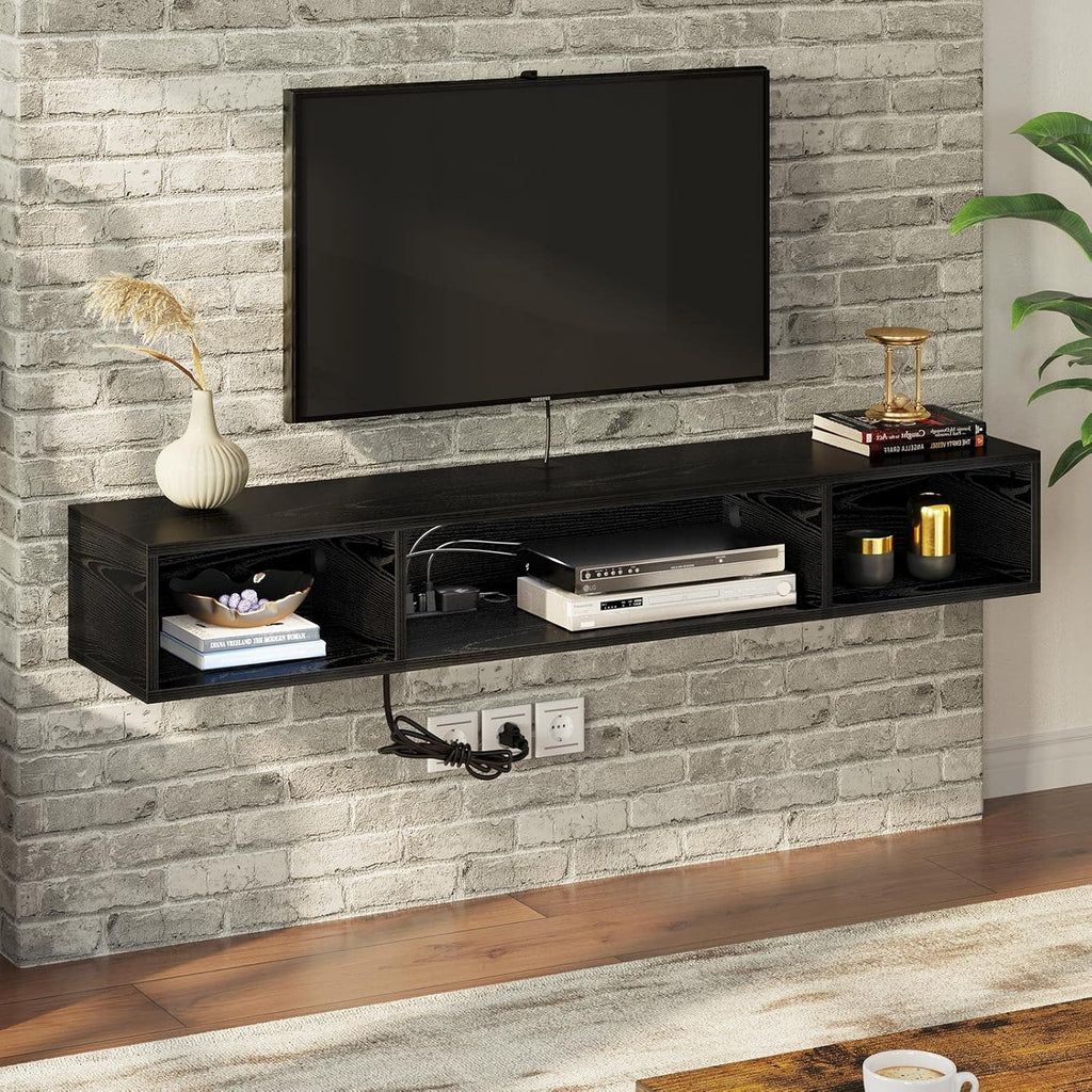 Rolanstar TV Stand with Power Outlet, Floating TV Stand with RGB Lights, 47.2' Wall Mounted TV Shelf, Black Media Console with Storage Shelf, Entertainment Under TV for Living Room, Bedroom