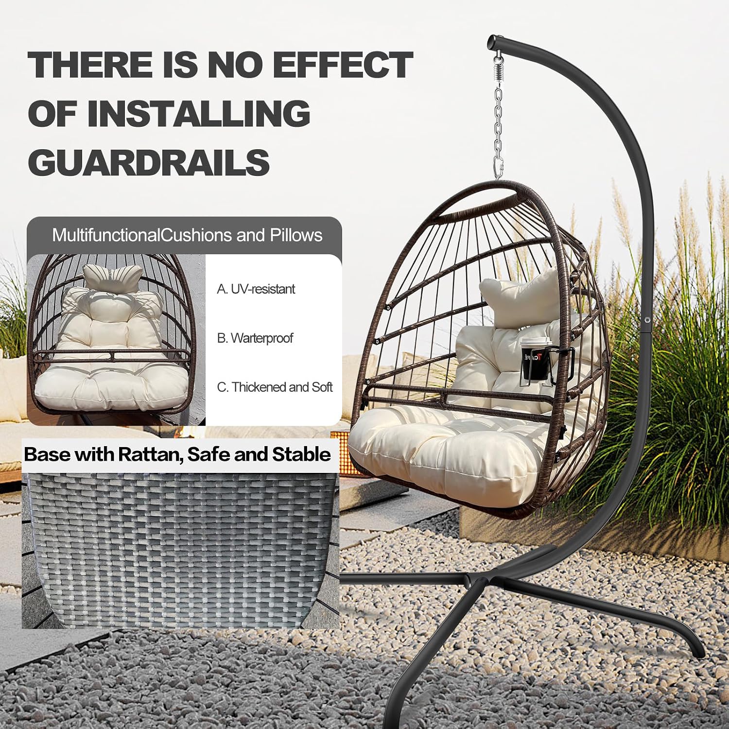 JESE Swing Egg Chair with Stand Wicker Wrap Frame UV Resistant Waterproof Cushion Hanging Chairs with Cup Holder 350lbs Capacity Swing Hammock Chairs for Patio Bedroom Indoor Outside-Khaki