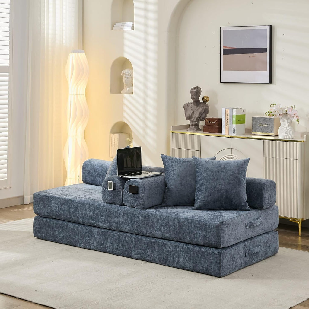 Deolme 3 in 1 Convertible Futon Sofa Bed, Modern King Size Chenille Loveseat Sleeper Sofa Folding, 3-Seater Foldable Lounger Couch Bed for Living Room, Bedroom Guest Room (Blue, 3 Throw Pillows)