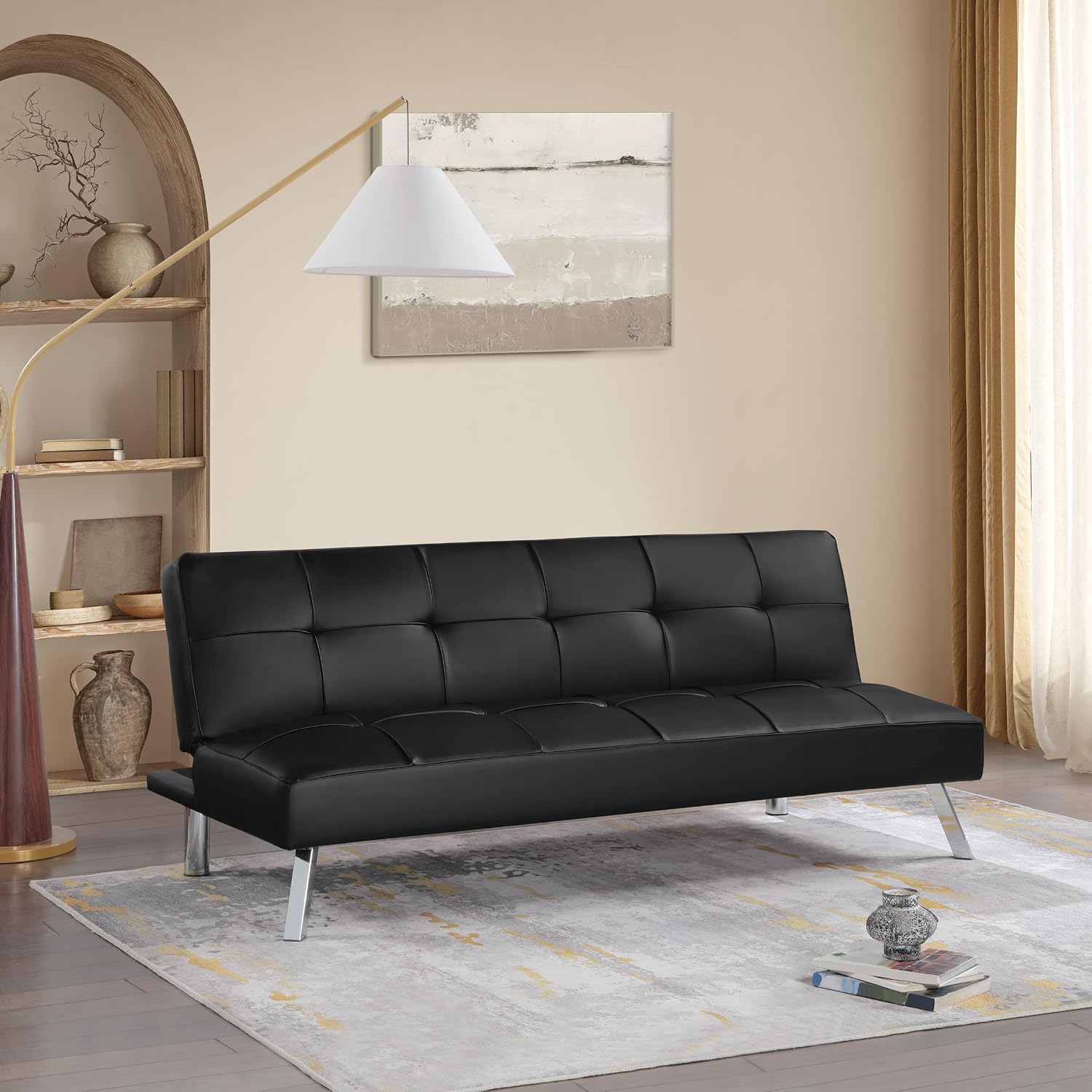 OSP Home Furnishings Kenneth Modern Button Tufted Convertible Click-Clack Futon Sofa Bed, Black Faux Leather with Chrome Legs