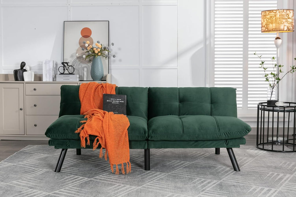 Convertible Futon Sofa Bed for Small Spaces, Modern Multi-Functional Sleeper with Adjustable Backrest, Tufted Brown Fabric Couch for Living Room, Apartment, Dorm (Emerald)