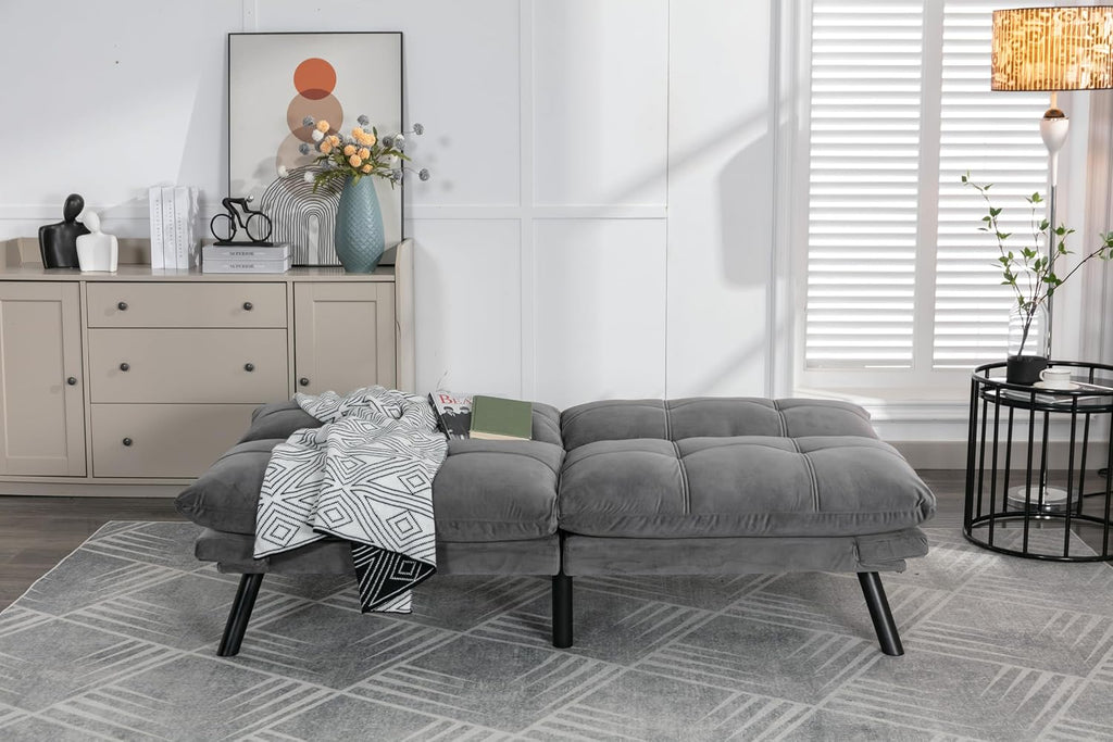 Convertible Futon Sofa Bed for Small Spaces, Modern Multi-Functional Sleeper with Adjustable Backrest, Tufted Brown Fabric Couch for Living Room, Apartment, Dorm (Light Grey)