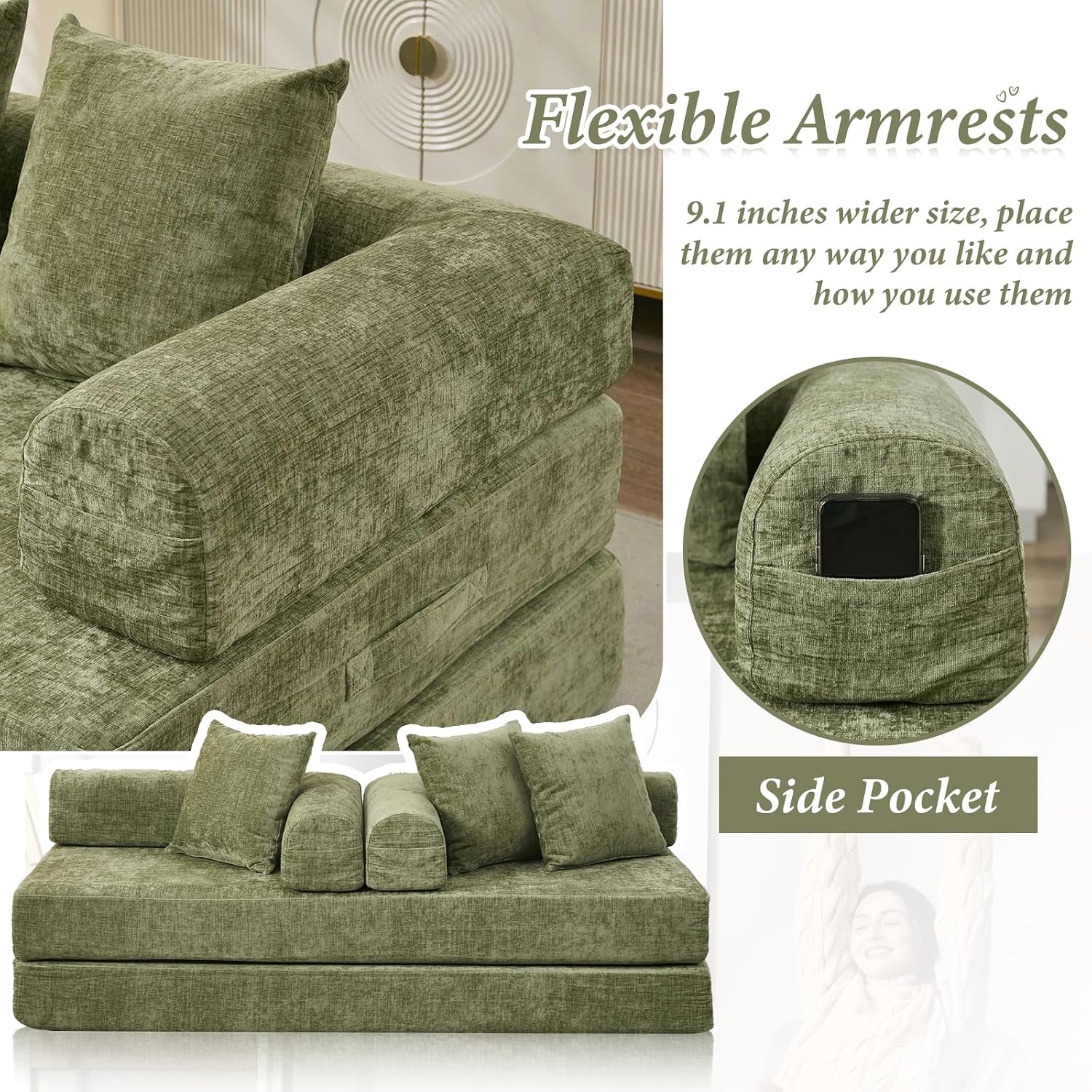 Futon Sofa Bed, Modular Convertible Folding 3 Seater Chenille Foam Floor Loveseat Sleeper Sofa Couch with 3 Pillows, No Assembly Compressed Boneless Couch, for Living Room Bedroom Guest Room, Green