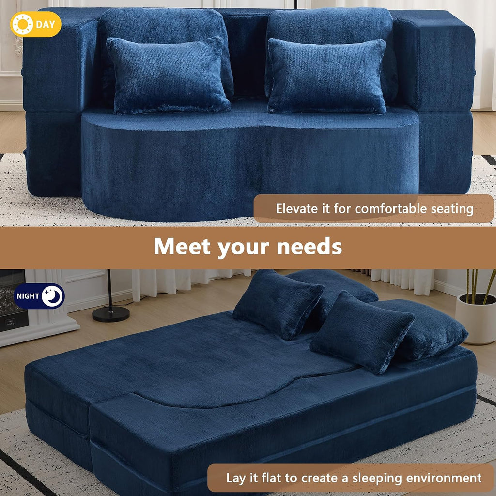 2-in-1 Folding Sofa Bed with Pillow, No Assembly Futon Twin Size Sofa Bed, Breathable Velvet Convertible Couch Bed for Living Room and Guest Room, 78.7 Inch, Blue