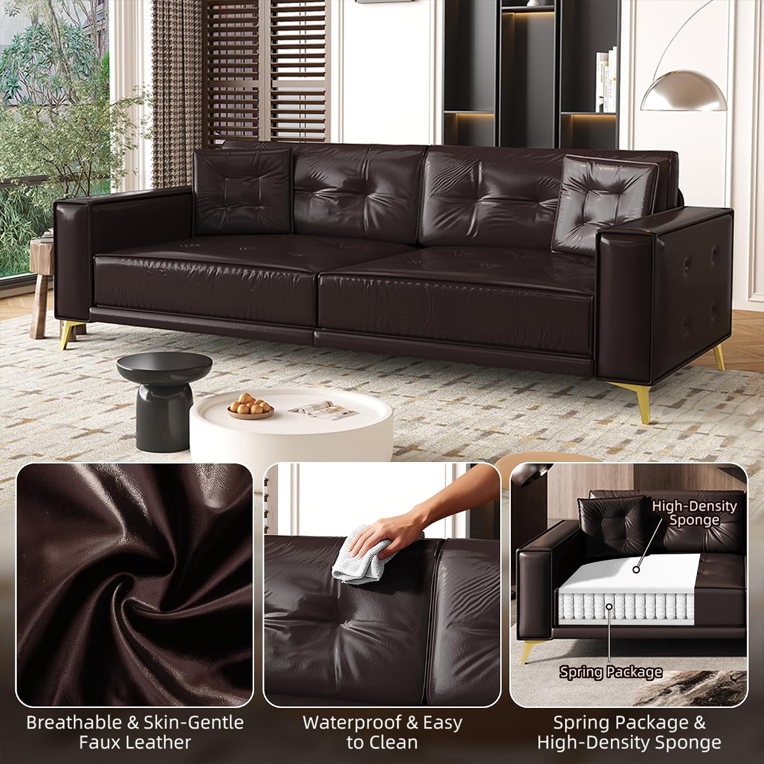 92.1'' King Pull Out Sofa Bed, Convertible Futon Couch, 3-in-1 Faux Leather Sleeper Sofa with Tufted Back, 2 Pillows, Gold Legs, Deep Folding Loveseat for Living Room, Apartment, Dark Brown
