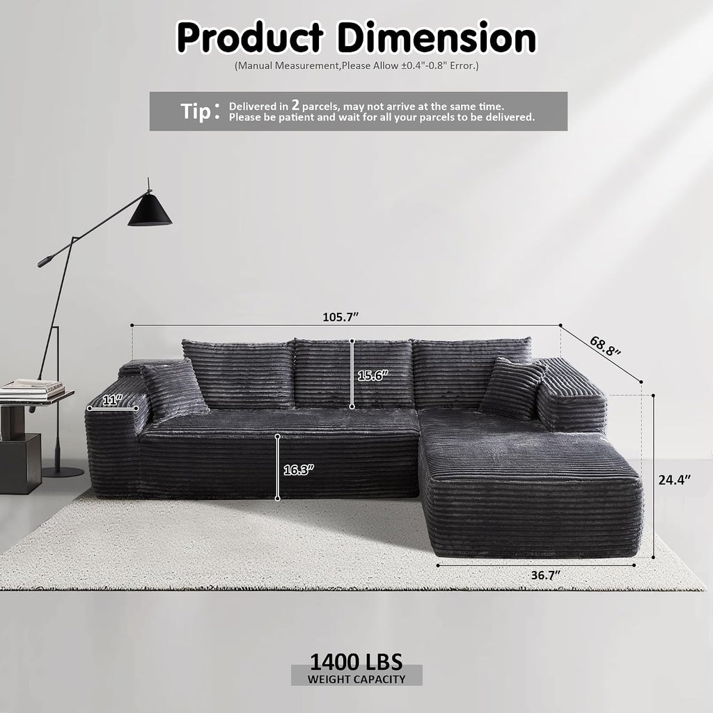 ovios 104' Cloud Boneless Couch with L-Shape Chaise,Modern Sectional Modular Sofa with Deep Seat, Upholstered Couches for Living Room Bedroom,No Assembly Required, Grey (Plush Corduroy Fabric)