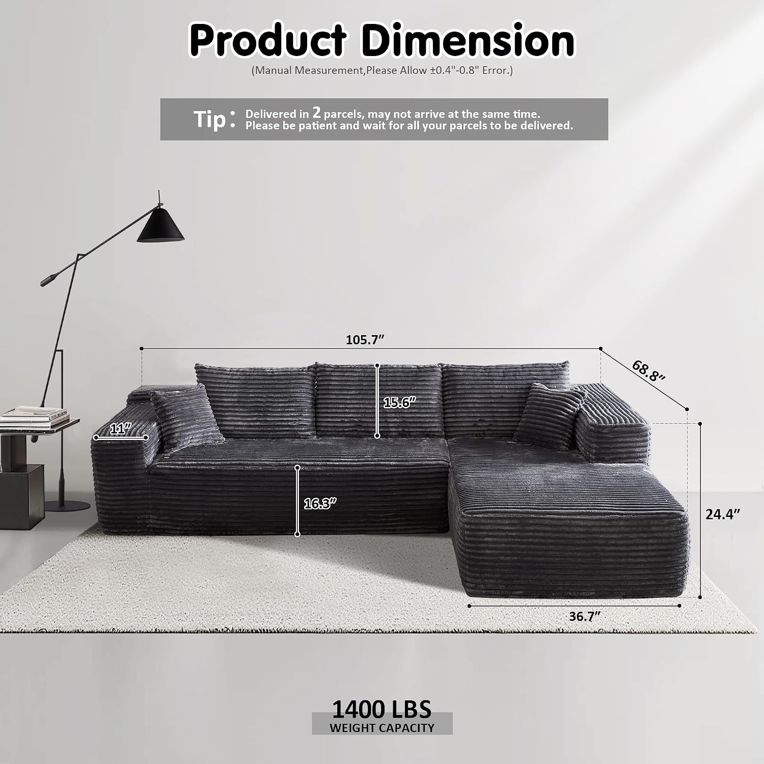 ovios 104' Cloud Boneless Couch with L-Shape Chaise,Modern Sectional Modular Sofa with Deep Seat, Upholstered Couches for Living Room Bedroom,No Assembly Required, Grey (Plush Corduroy Fabric)