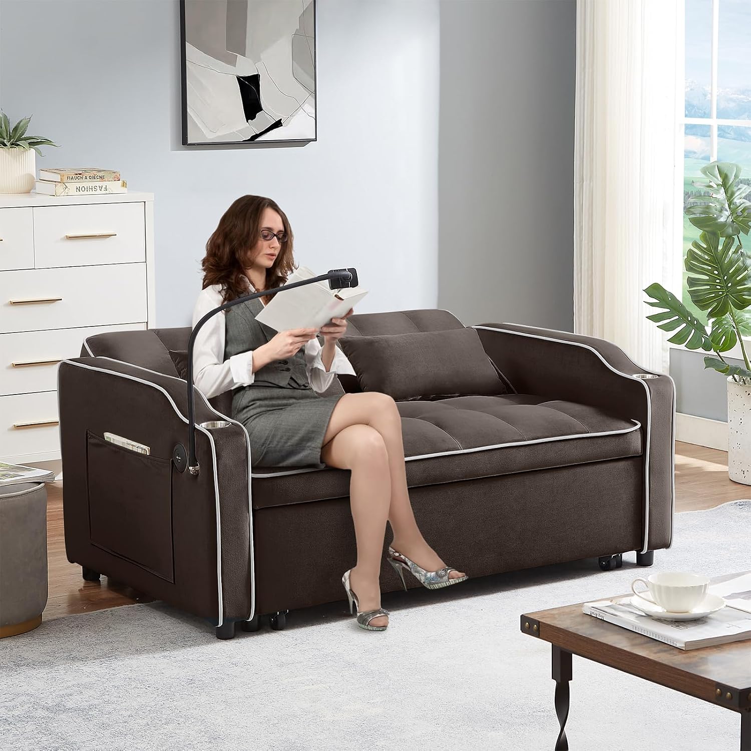 Antetek Sleeper Sofa Couch Bed with USB & Type C Port, Modern 3-in-1 Convertible Velvet Pull Out Loveseat Futon Sofa w/Phone Holder/Cup Holder for Living Room Apartment, Adjustable Backrest, Coffee