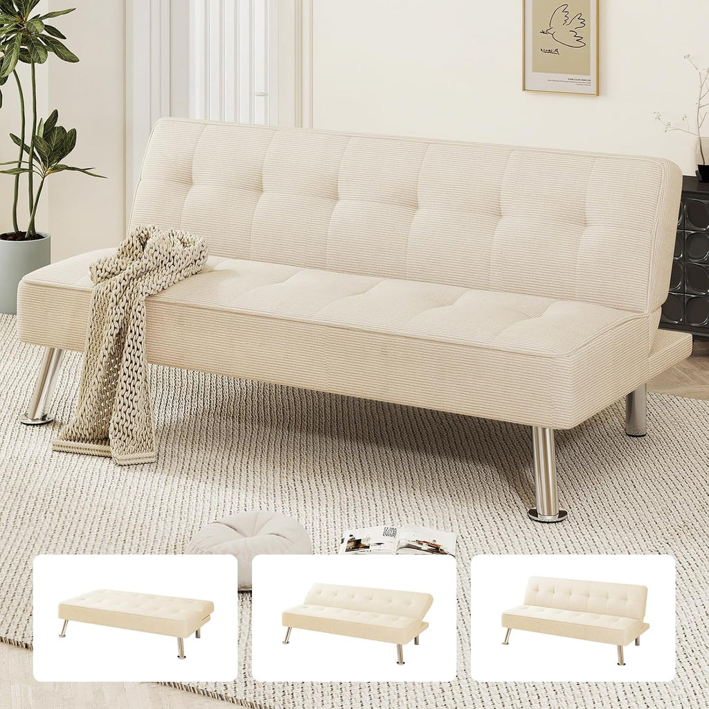 Furnimart Futon Sofa Bed, 66' Corduroy Convertible Futon Couch with 3-Position Adjustable Backrest, Solid Wood Frame Sleeper Sofa for Small Space, Living Room, Apartment, Office, Beige