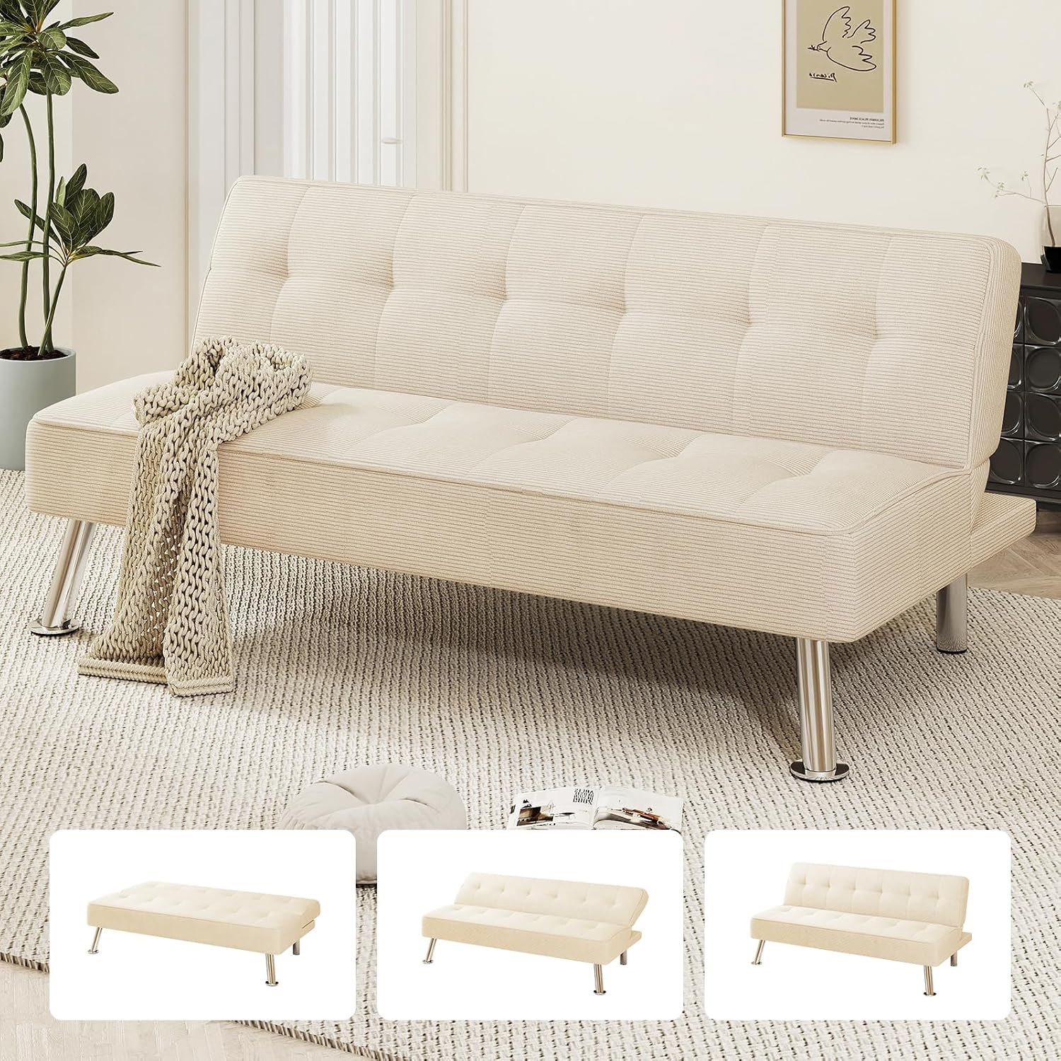 Furnimart Futon Sofa Bed, 66' Corduroy Convertible Futon Couch with 3-Position Adjustable Backrest, Solid Wood Frame Sleeper Sofa for Small Space, Living Room, Apartment, Office, Beige