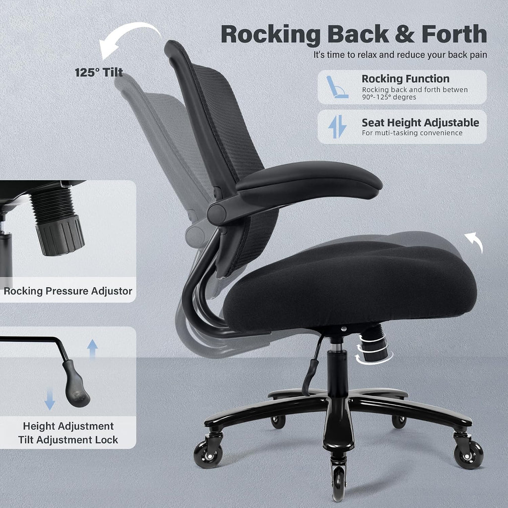 Kassipo 500LBS Big and Tall Office Chair with Flip-Up Armrests, Heavy Duty Office Chair for Heavy People, Memory Foam Seat Filling Springs, Black