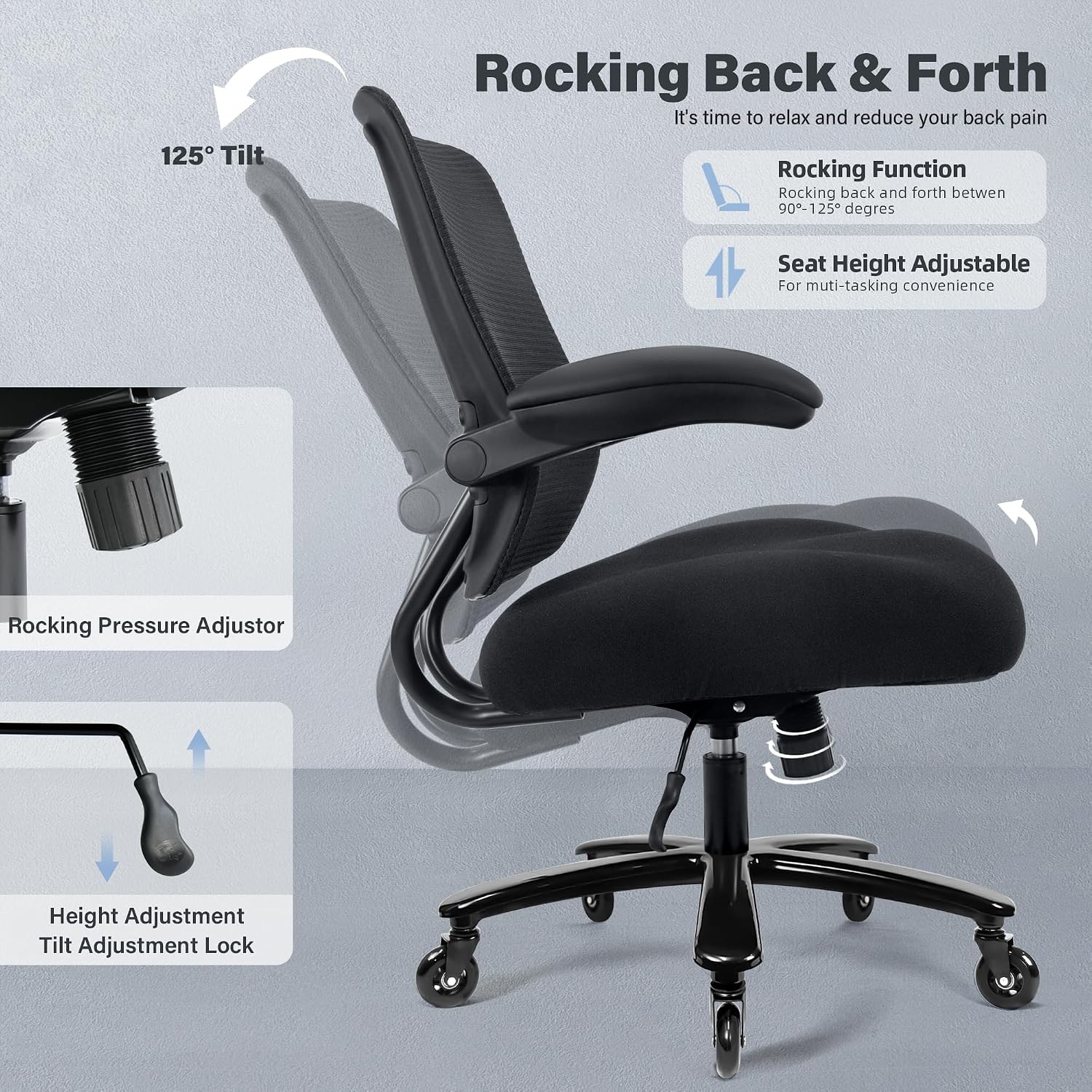 Kassipo 500LBS Big and Tall Office Chair with Flip-Up Armrests, Heavy Duty Office Chair for Heavy People, Memory Foam Seat Filling Springs, Black