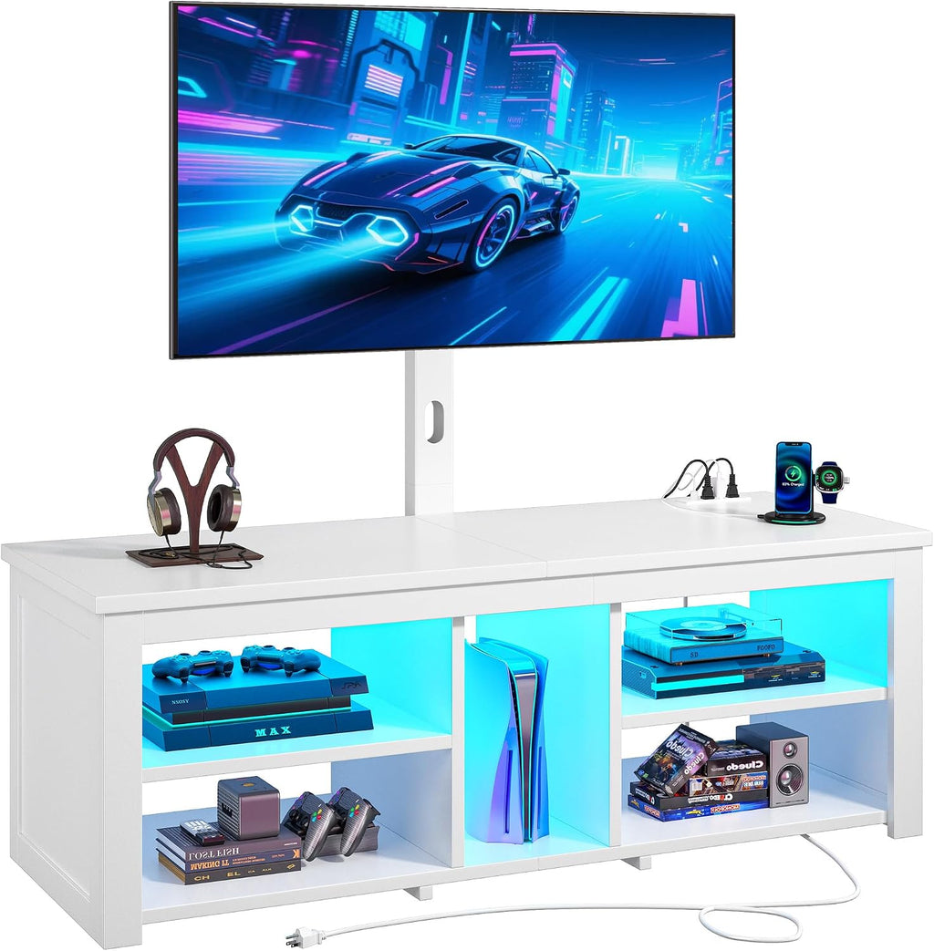 TV Stand with Mount for 55/65/70 Inch TVs Wood TV Stands for Living Room with Power Outlet & LED Lights Entertainment Center Gaming Console for Bedroom, Height Adjustable Swivel TV Mount, White