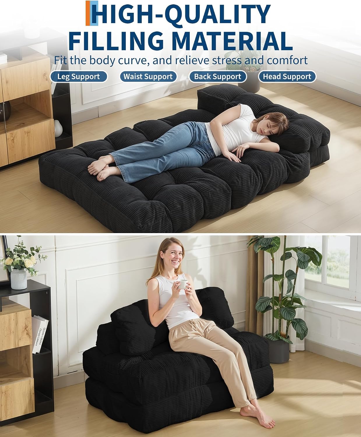 Folding Sofa Bed, 3-in-1 Convertible Sleeper Chair with Pillow, Double Futon Couch Bed with Back Support, Portable Fold Out Chair Bed Comfy Floor Sofa Lounge for Living Room Bedroom, Black