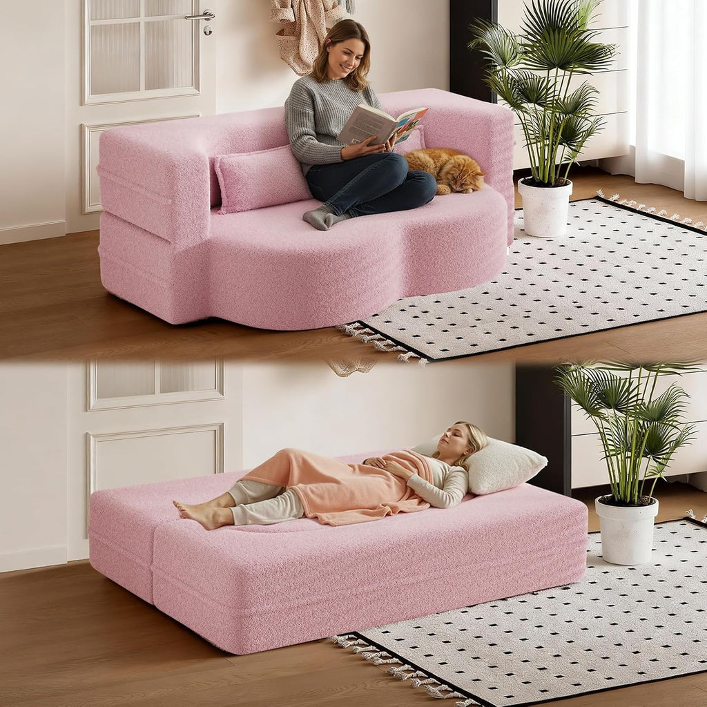 CAPCAEK Folding Foam Sofa Bed,15' Full Size Floor Couch,Convertible Teddy Fabric Foam-Filled Sleeper Futon Loveseat Couch for Living Room, Guest Use, Office, Apartmen (Pink)