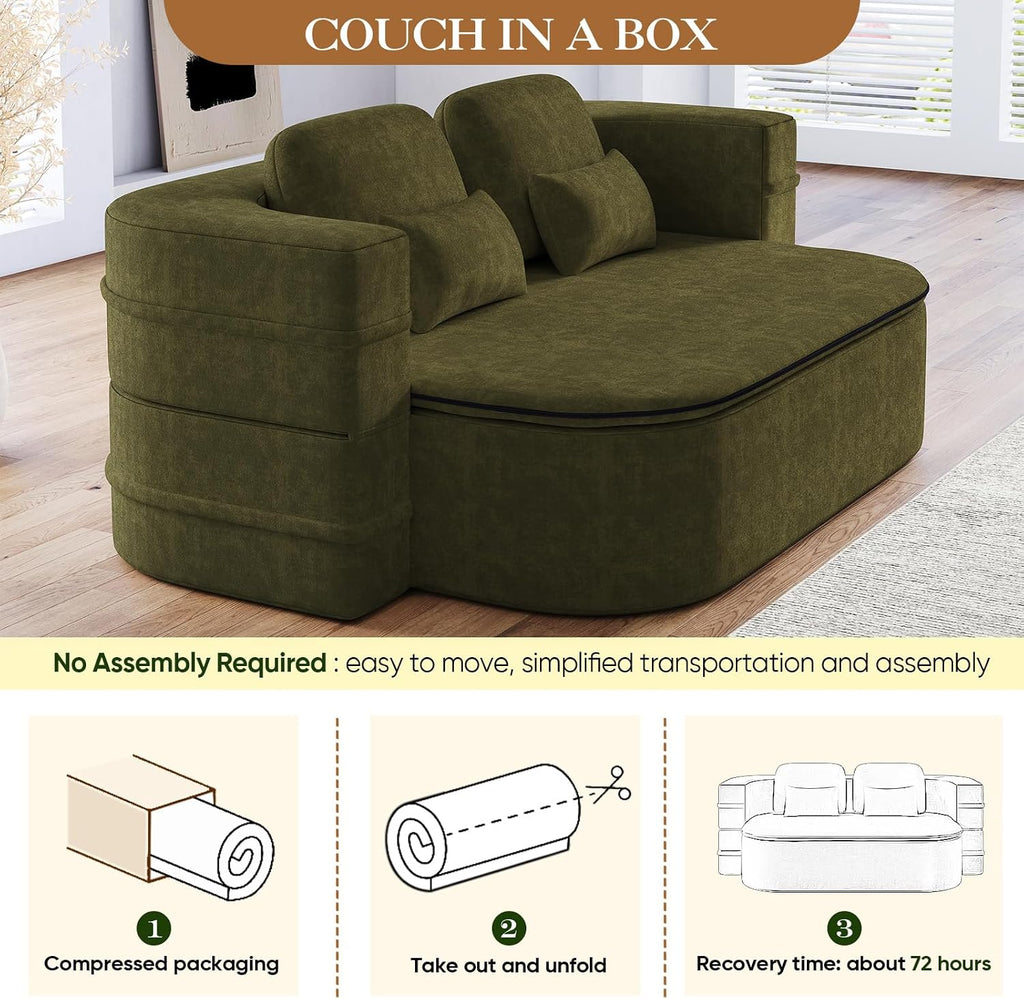 Antetek Convertible Sleeper Sofa, Modern Folding Futon Chenille Floor Foam Compression Loveseat Sofa Bed Couch, Foldable Full Size Guest Bed with 4 Pillows for Living Room Bedroom Apartment, Green