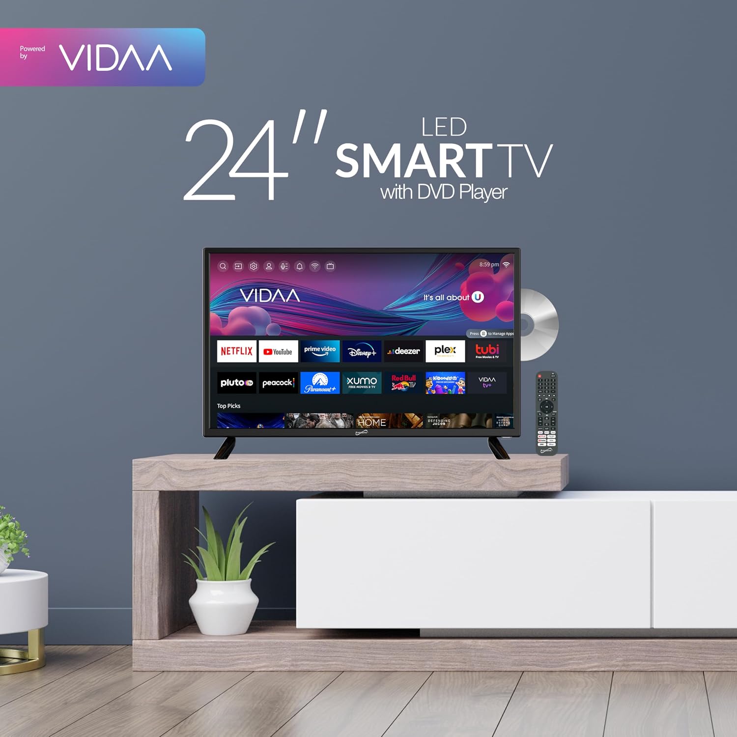 Supersonic SC-2426SDVD 24-inch LED Smart HDTV w/DVD Player, ATSC & NTSC System, 3X HDMI, 1080p, WiFi, USB, Multi Language OSD, AC/DC Compatible for Home, Kitchen, or RV Camper, DC Car Cord Included