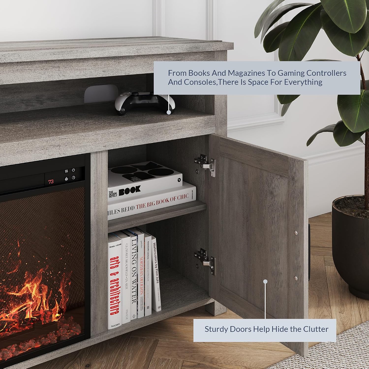 BELLEZE 58' Farmhouse Fireplace TV Stand for TVs up to 65', 23' Electric Fireplace Heater with Sound, Entertainment Center Media Console Table Barn Door Storage Cabinets for Living Room -Gray