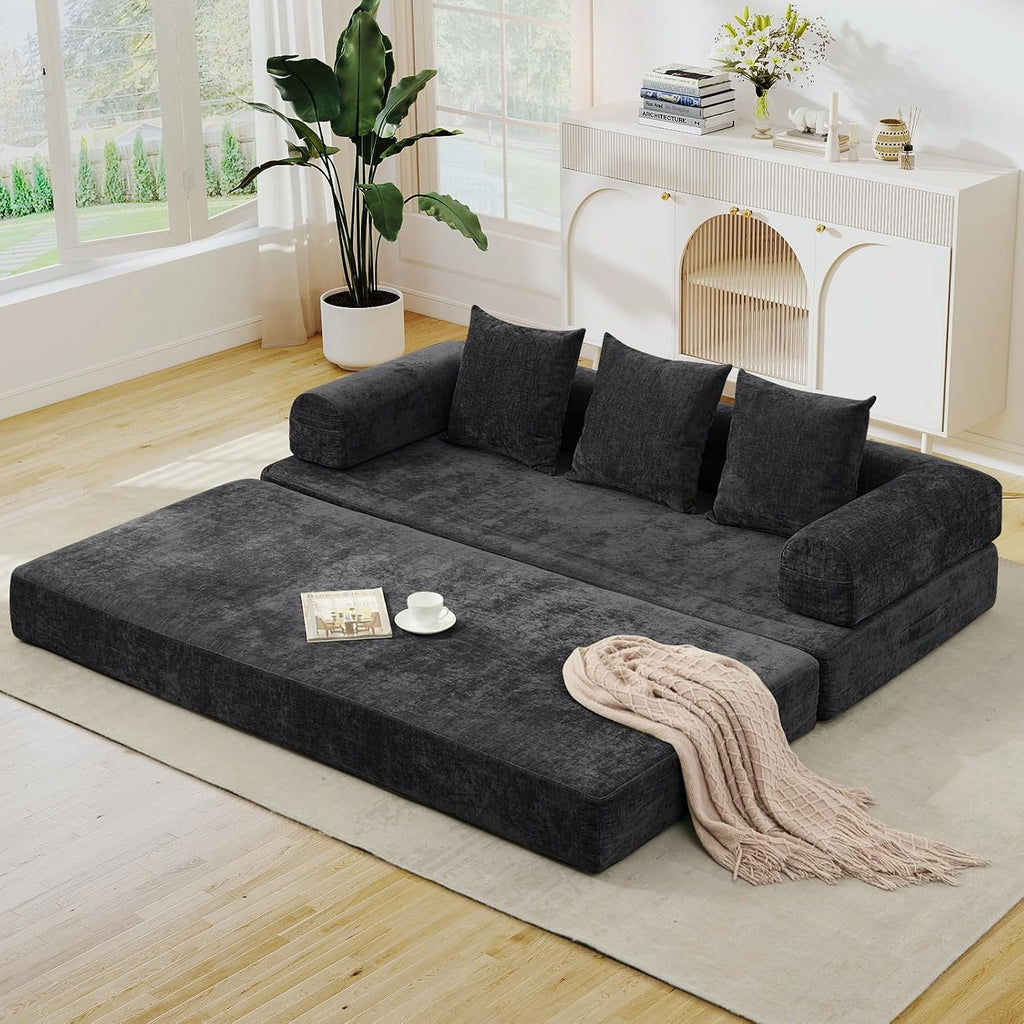 Deolme 3 in 1 Convertible Futon Sofa Bed, Modern King Size Chenille Loveseat Sleeper Sofa Folding, 3-Seater Foldable Lounger Couch Bed for Living Room, Bedroom Guest Room (Black, 3 Throw Pillows)