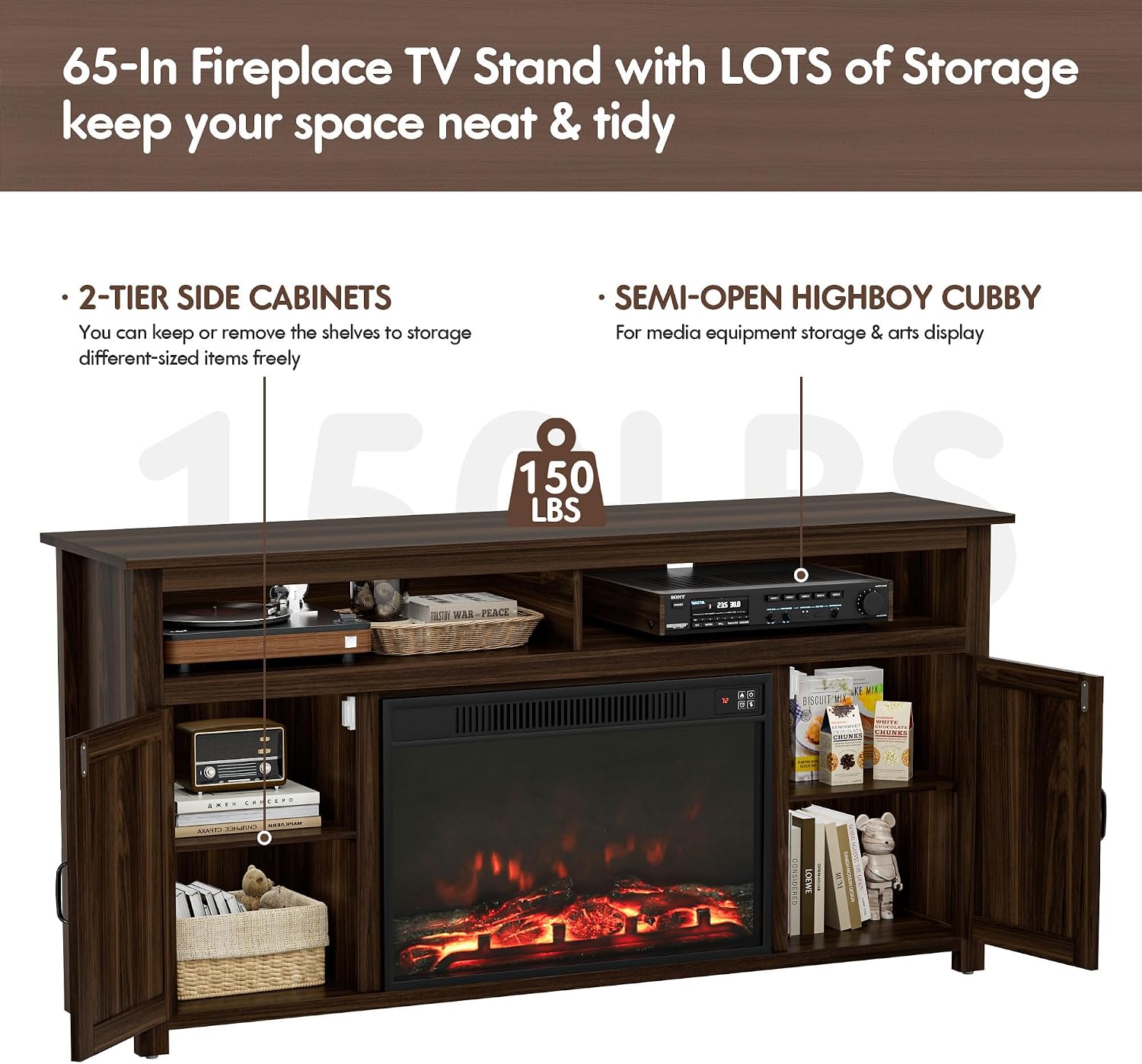 YESHOMY Fireplace TV Stand for Television up to 65+ Inch with Storage and Farmhouse Barn Doors, Entertainment Center with Cabinet and Shelves, Media Console for Living Room, Walnut