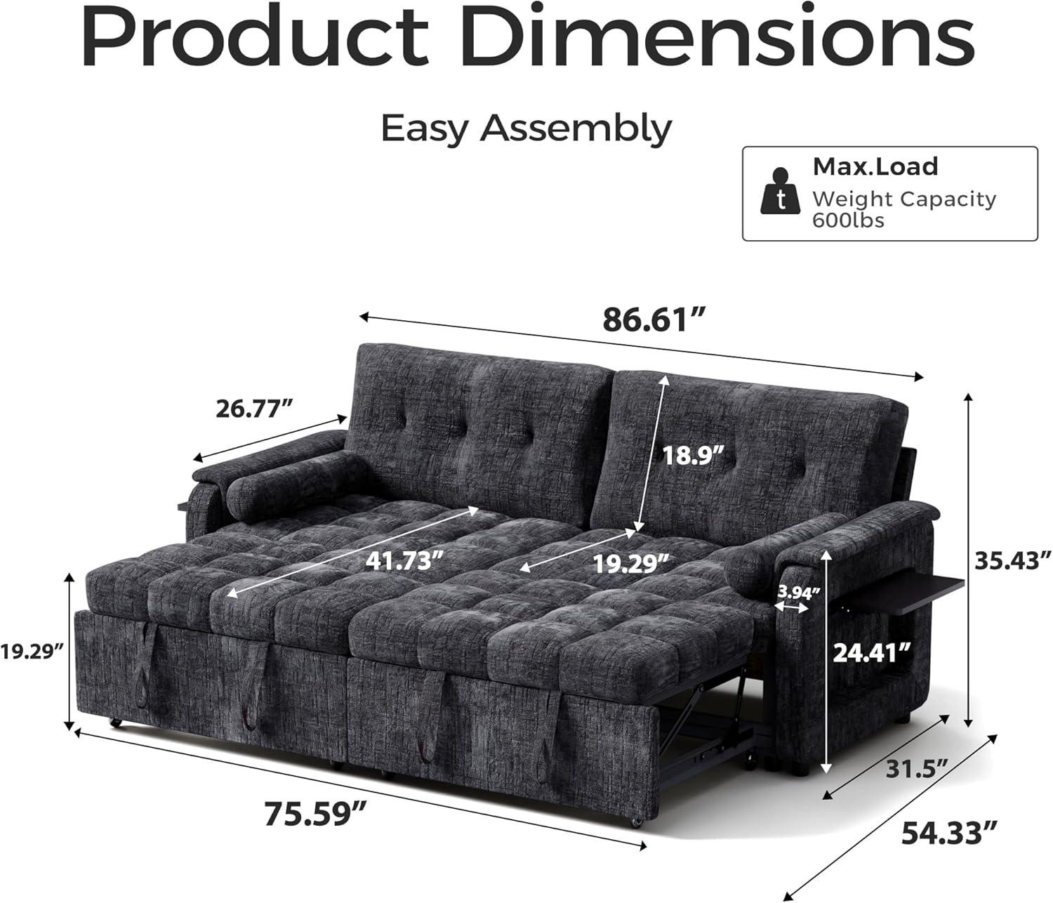Convertible Sleeper Sofa Bed, 86 Inch Chenille Pull Out Couch with Side Table & Adjustable Backrest, Sectional Sleeper Sofa with Pull Out Bed for Living Room, Apartment, Black