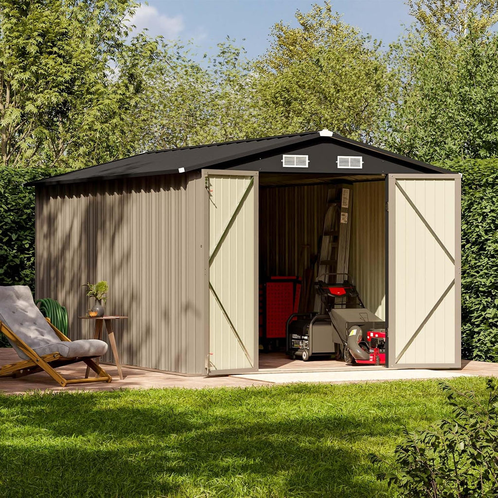Patiowell 8 x 12 FT Metal Storage Shed for Outdoor, Steel Yard Shed with Design of Lockable Doors, Utility and Tool Storage for Garden, Backyard, Patio, Outside Use, Brown