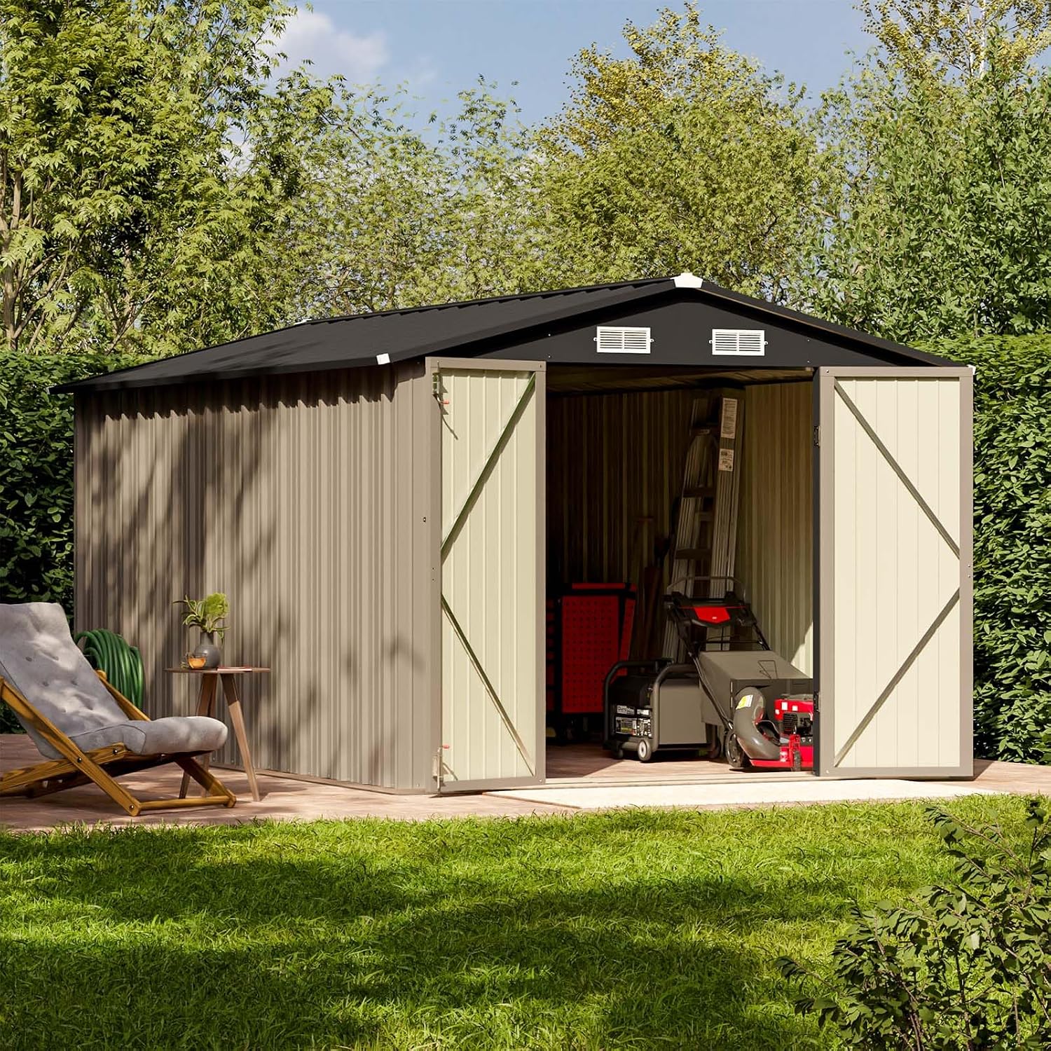 Patiowell 8 x 12 FT Metal Storage Shed for Outdoor, Steel Yard Shed with Design of Lockable Doors, Utility and Tool Storage for Garden, Backyard, Patio, Outside Use, Brown