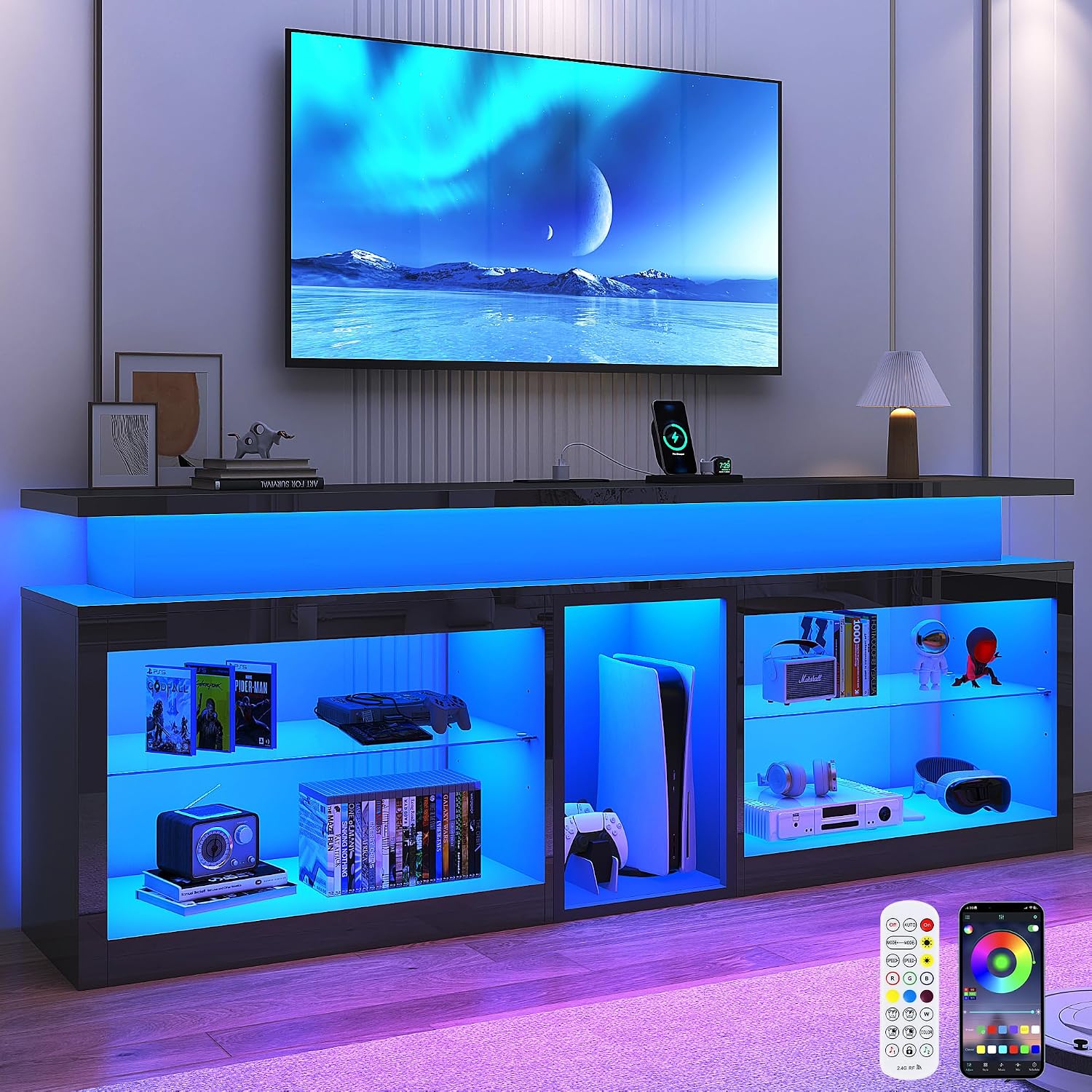 71' LED TV Stand with Power Outlet,60-Colors LED Lights For 65 70 80 in TV,High Gloss Gaming Entertainment Center w/Adjustable Shelves,Black TV Console with Modern Design for Living Room Bedroom