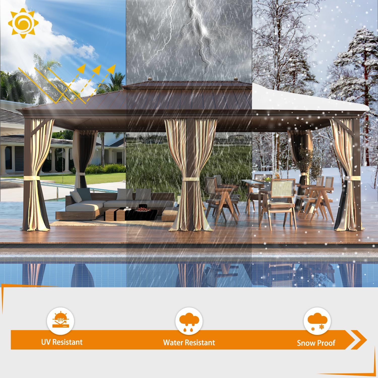 EROMMY 14'x20' Hardtop Gazebo Double Roof Galvanized Steel Canopy Outdoor Aluminum Frame Permanent Metal Pavilion with Netting and Curtains for Patio Backyard Deck and Lawns