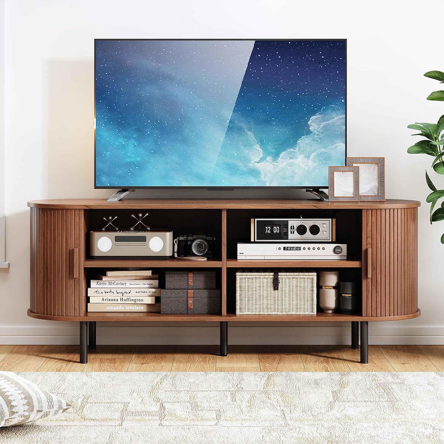 55' TV Stand with Power Outlet, Mid-Century Modern Television Stand, Fluted Media Console with Sliding Doors, Entertainment Center for TVs up to 60 Inch, Adjustable Shelves, Walnut