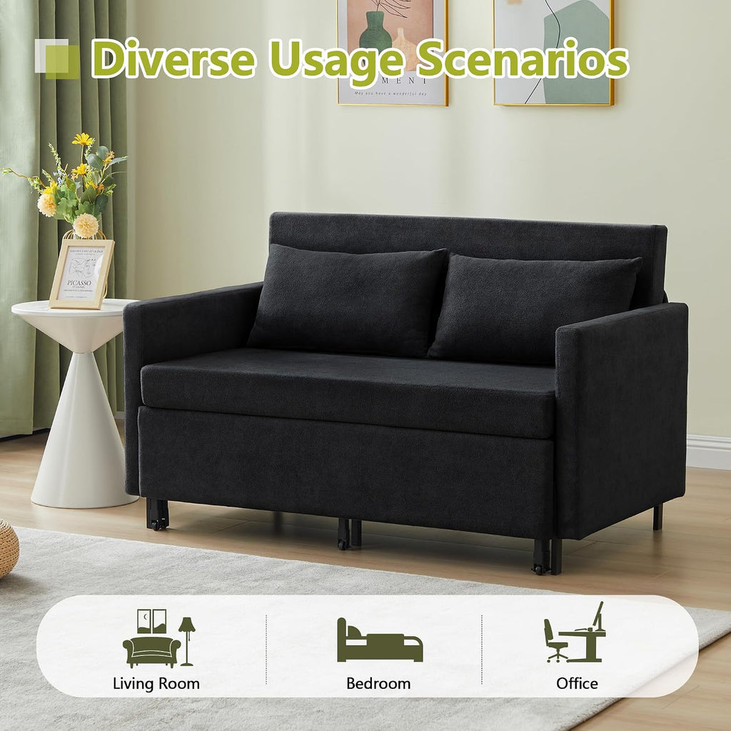 51'' Small Pull Out Sofa Bed, 3-in-1 Convertible Sleeper Couch Bed, Chenille Futon Sleeper Sofa with Side Table and 2 Pillows, Modern Loveseat Couch for Living Room, Bedroom, Home Office (Black)