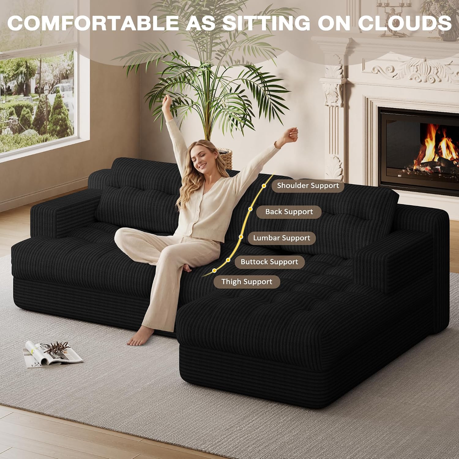 Boneless Couch, 2026 New Boneless Sectional Couch with Deep Seat & Chaise for Small Spaces, Upholstered Cloud Couch Sectional Boneless Couches for Living Room, No Assembly, Right Facing Chaise, Black