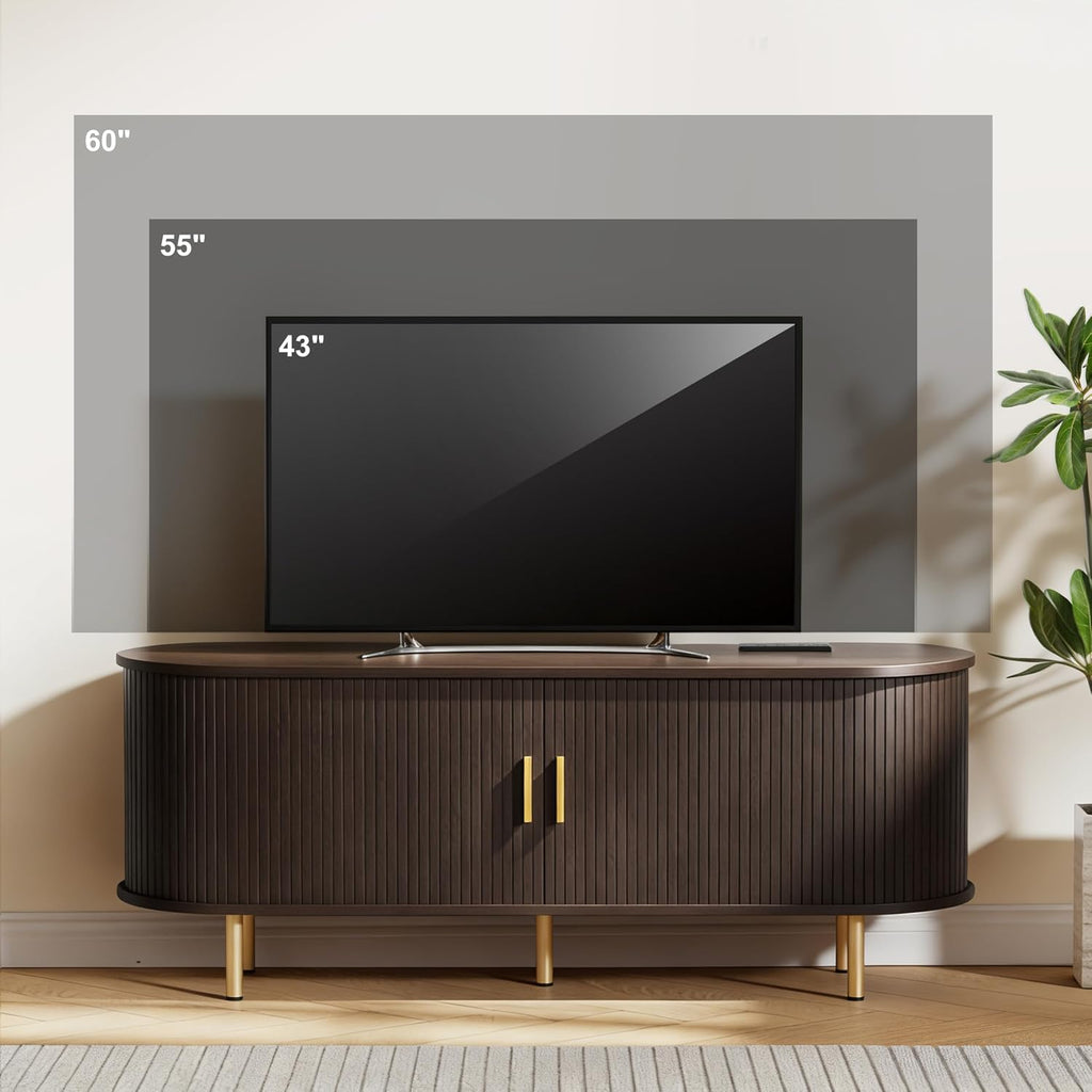 DHH 55 Inch Mid Century Modern TV Stand with Power Outlet for TVs up to 60 Inch, Entertainment Center with Storage and Adjustable Shelves, Media Console with Sliding Doors for Living Room(Dark Walnut)