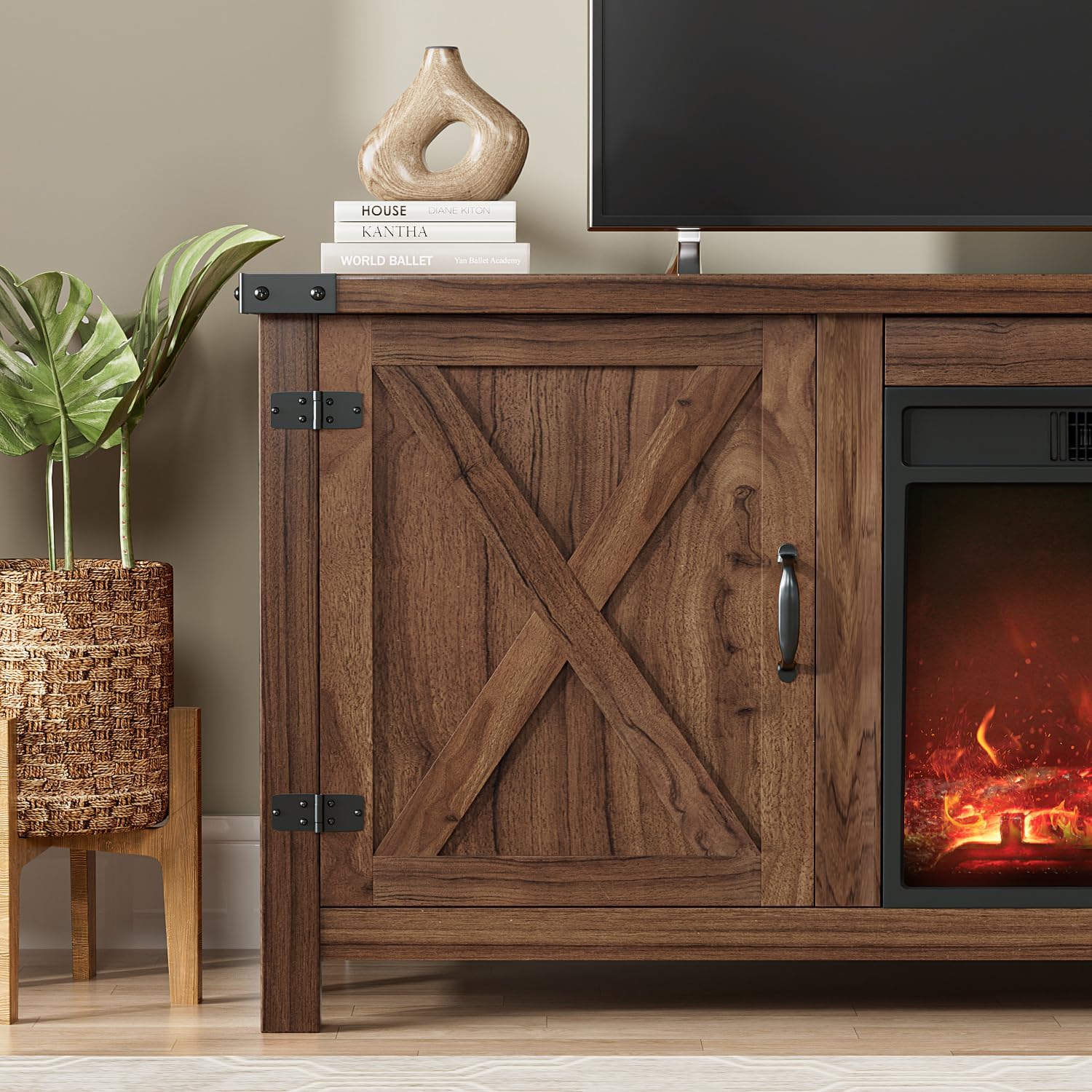 YESHOMY Fireplace TV Stand with Two Barn Doors and Storage Cabinets for Televisions up to 65+ Inch, Entertainment Center Console Table, Media Furniture for Living Room, 58 Inch, Brown