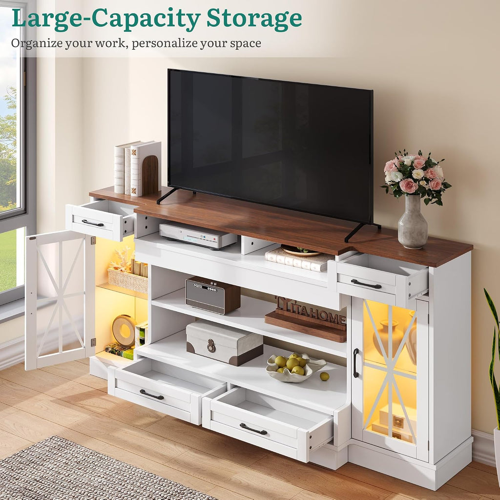 YITAHOME TV Stand for 75/80 Inch TV, Entertainment Center with LED Strip, TV Console Cabinet with Glass Door & Power Outlet for Living Room (White)