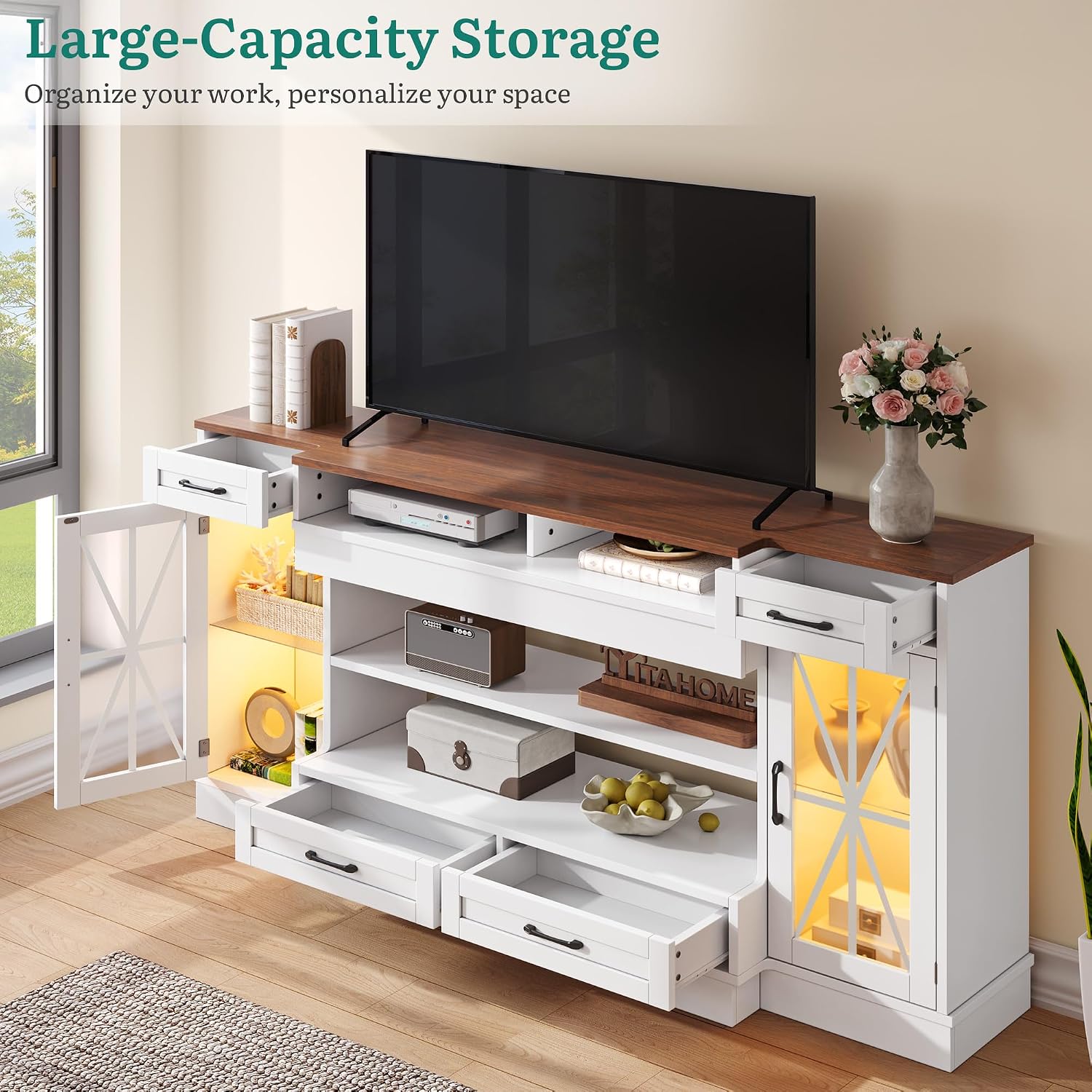 YITAHOME TV Stand for 75/80 Inch TV, Entertainment Center with LED Strip, TV Console Cabinet with Glass Door & Power Outlet for Living Room (White)